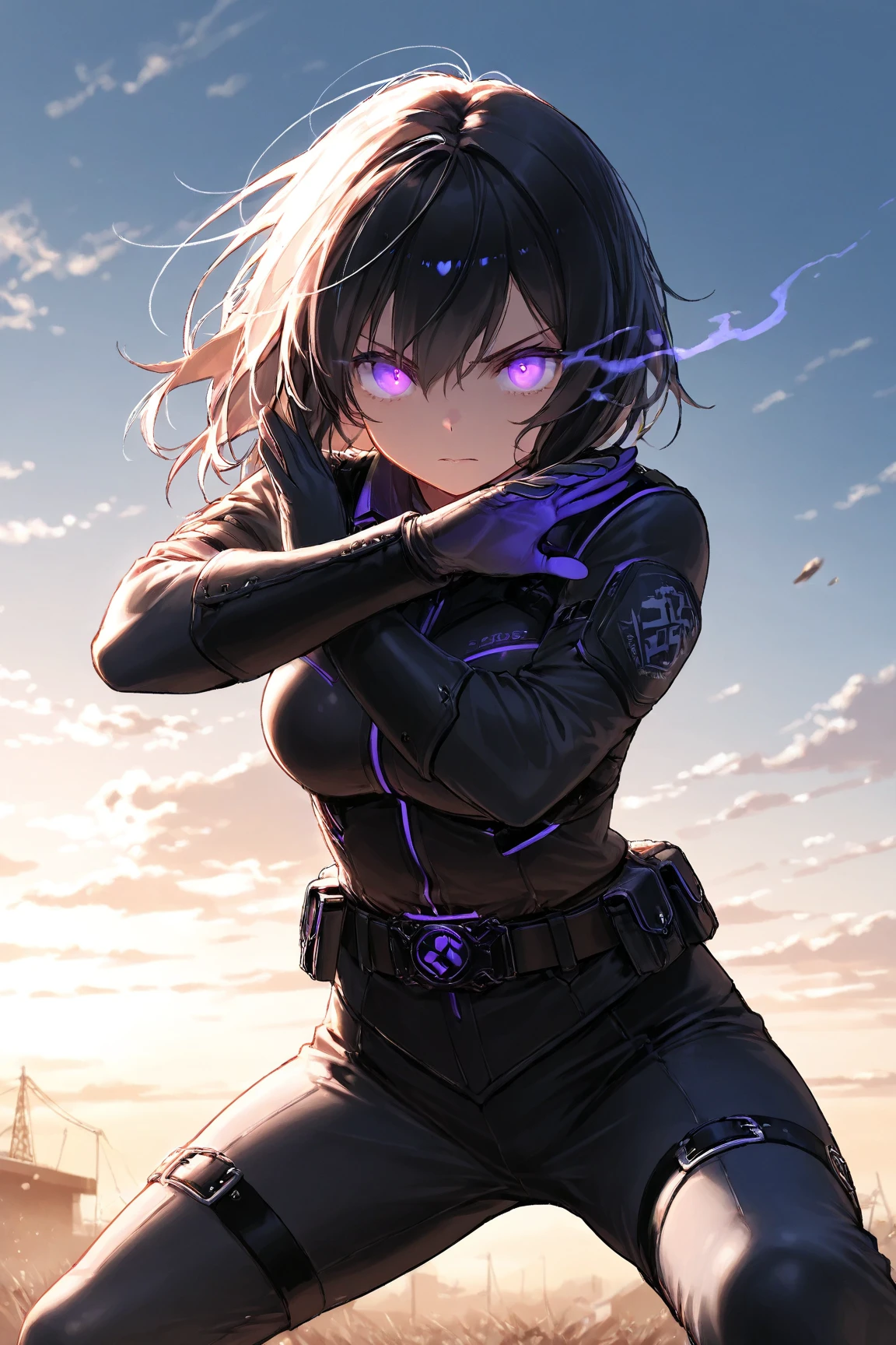 score_7_up,score_6_up,score_5_up,masterpiece , Very high quality , 8k , Detailed Images , 1girl , ((belt)) , High resolution, masterpiece, accurate, Anatomically correct, Illustration,Purple glowing eyes,Combat pose , Barehanded