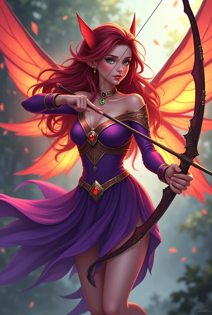 Full figured Faerie warrior in (purple and black corset style battle dress) with (flaming gossamer) wings. She weilds a magical ethereal bow as a weapon. She has light auburn hair, a tattoo of a heart with tribal bands on her cleavage. She is walking forward in a determined manner