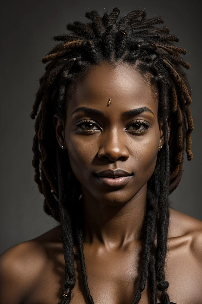 1 African woman, 30 years old, Pretty face, dreadlocks, Hyperrealistic,  Ultra detailed face and body,  realistic depiction 