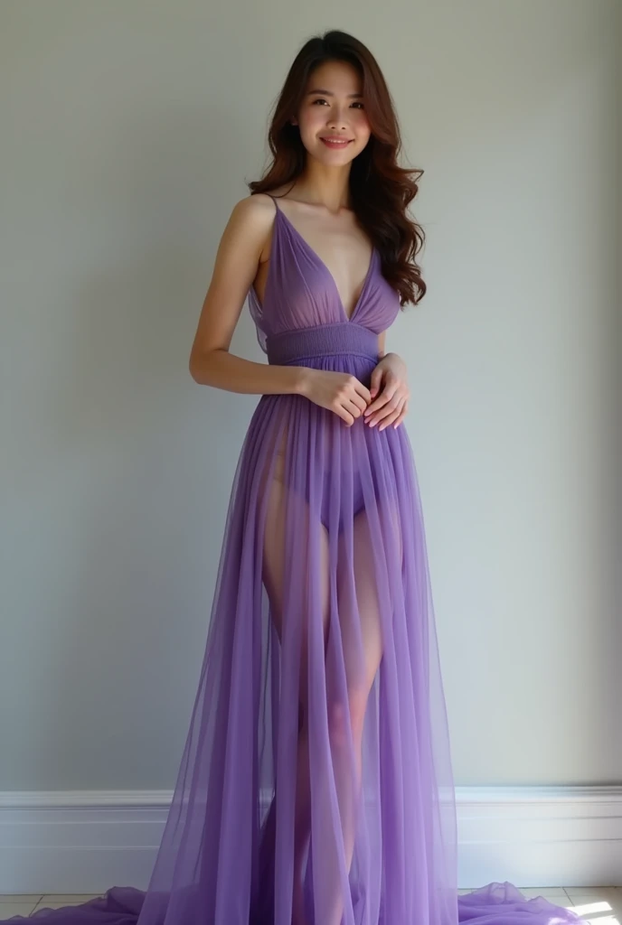 live-action、4K、Beautiful women in their 30s。A lavender-colored, crystal-like, long dress。Sleeveless。Cleavage。Her hair was tied up in a bun、It is slung over the shoulder。She walks gracefully in the breeze。Her eyes are light brown、She has droopy eyes and slightly plump cheeks.。Large room with sparkling crystal walls and floors。The light reflects off the floor、The overall contrast is flat.。