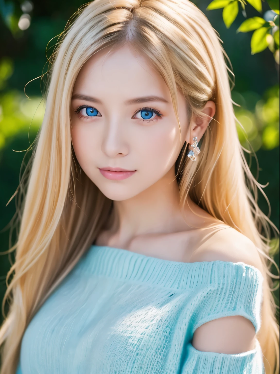 1 girl, 23 years old, alone, super long hair, Huge , looking at the viewer, ((Dazzling blonde hair,)) Big eyes and a very beautiful pale blue、white and beautiful skin、glowing skin、gross face、cheek gloss、bright look、small face beauty、Long bangs hanging down between the eyes、bare shoulders, gem, full body, (Highly detailed 8K wallpaper), soft lighting, high quality, film grain, Fujifilm XT3 Sharp Focus, f5.6, high detail, sharp focus,(Natural light), (big plans:1.2), (fascinating), off shoulder t-shirt, realistic, Sexy