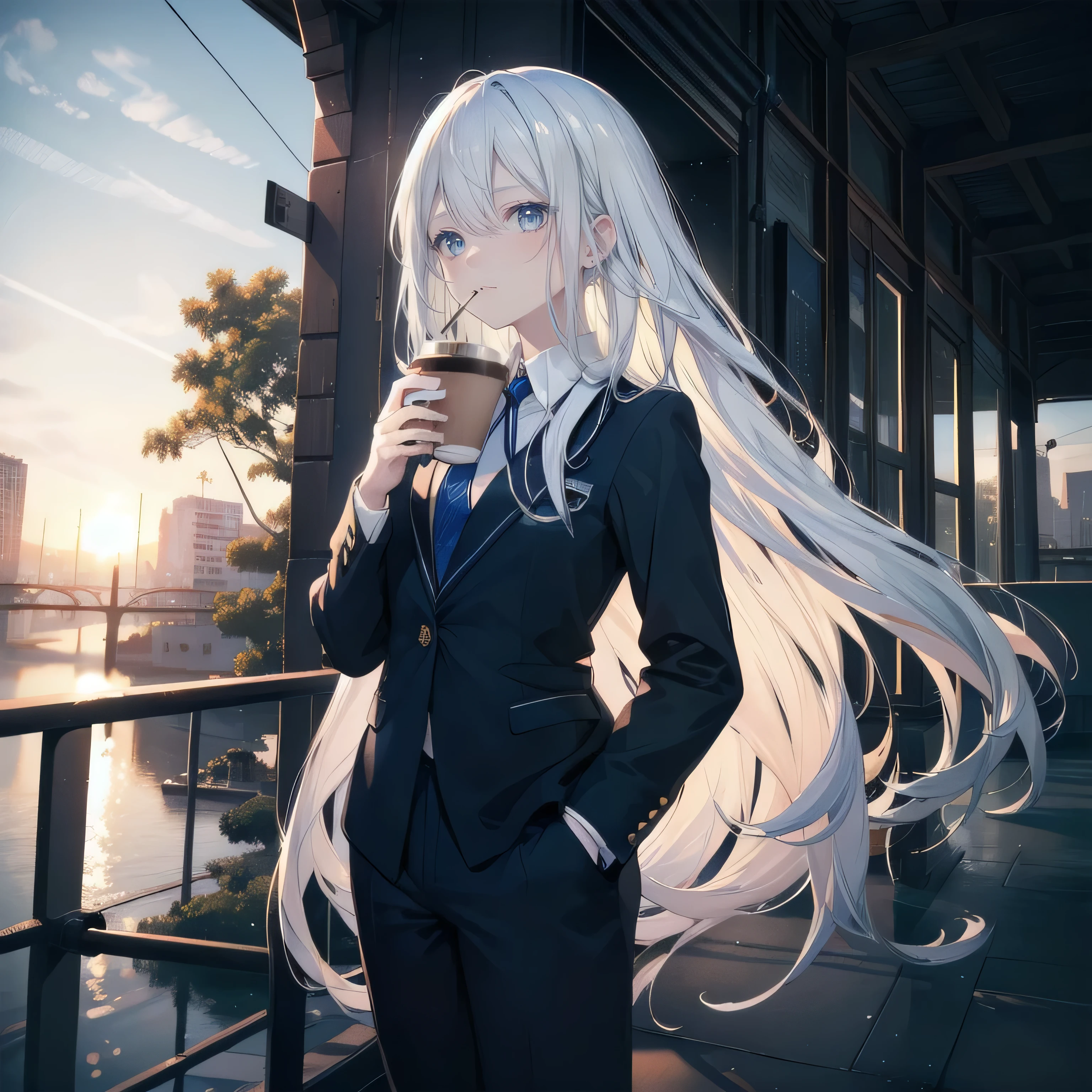 (masterpiece), (best quality), ultra detailed, finely detailed color, cenematic painting, bishoujo, ((one lady)), ager, cute face, white hair, absurdly long hair, straight hair, ((deep blue eyes:1.5)), (drinking coffee:1.4), ((business suit:1.5)), black suit, ((after sundown)), ((looking up the sky)), ((sky background)), standing, faint smile, ((railings)), skyline, slender body, small chest, profile