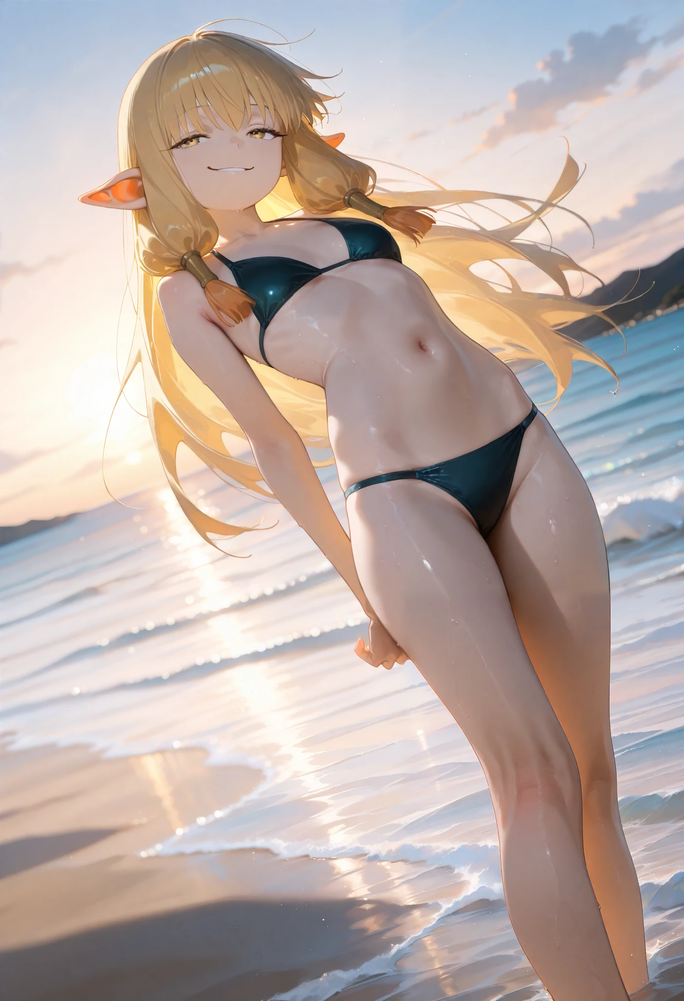 HDR, 8k, masterpiece, best quality, amazing quality, very aesthetic, absurdres, newest, (volumetric lighting), photorealistic, photo background, detailed skin, detailed eyes, detailed hair, fantasy, 1girl, serie \(sousou no frieren\), bikini, beach, golden hour, bored, smirk, dynamic pose, dynamic angle, HDR, 8k, masterpiece, best quality, amazing quality, very aesthetic, absurdres, newest, (volumetric lighting),