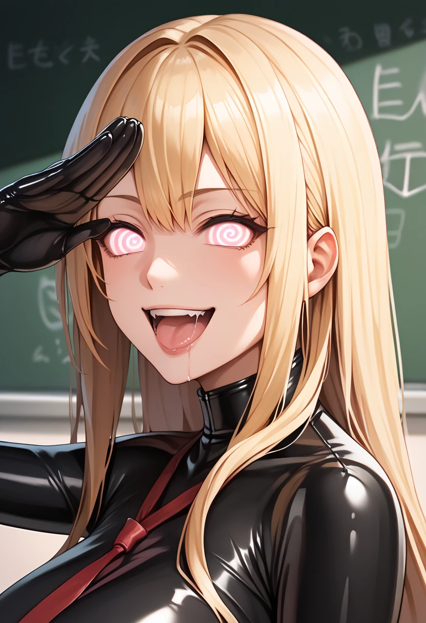 
Source_anime,Masterpiece,detailed anime illustration,high res,A Beautiful girl,detailed eyes,open mouth,smile,saliva trail,salute by right hand,standing,blonde hair,wavy long hair,looking at viewer,BREAK,huge tit,wide hip,thicc thigh,pink eyes,(spiral eyes),wearling black latex bodysuits,high leg cut,red ribbon,school,blackboard,indoor,cowboy shot