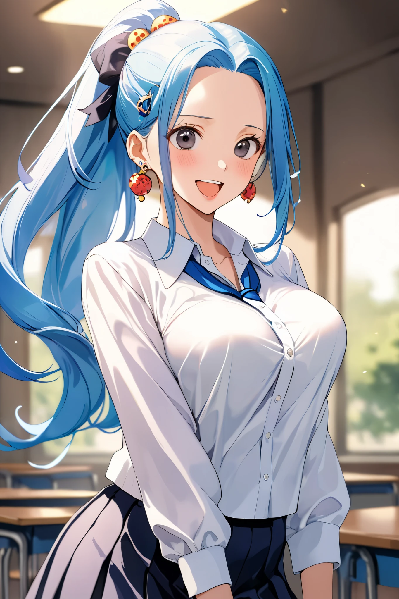 16k,masterpiece,animated painting, ultra detailed background, delicate pattern, intricate detail,highly detailed, fine details,best quality,beautiful lighting, absurdres,(Nefeltari Vivi:1.3),(onepiece:1.5),1990s \(style\),25 years old,adult beautiful lady,(E-cup beautiful breasts),clevage, (tall:1.2),height: 175cm,Fashion model body type、1girl, long hair,(forehead:1.2), blue hair,parted bang,slicked back hair,big eyes,black eyes,long eyeblushes,solo,big laugh,blush,shiy, earrings, (highschool uniform,white long-sleave shirt,mini skirt:1.2), ponytail, hair ornament,(in the school),(hair lift, cowboy shot),Anime-style painting style,Cinematic lighting,Superfine,sexy,nsfw,seductive pose,(ahegao,vulgarity,orgasm:1.1),nsfw,closeup