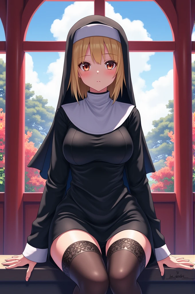 ((thick outline:1.21)),((anime:)),((impasto)),((thick paint:)),,((best quality)), ((highly detailed)),((sketch:1.36)), extremely detailed face, beautiful face,((1girl)),((solo)),shiny skin,(full body:),(tall body, tall, long legs, mature female, mature, adult), aasister, (long hair), ((nun:1.15)), ((habit:1.15)), white capelet, neck ribbon, ((black dress:1.21)), long sleeves, white gloves, ((full-length zipper:1.15)),((long sleeves:1.15))
,(black headwear),nsfw,,((curvy:1.15)),((hanging breasts:1.25))((large breasts:1.15)),((pussy)),((pussy)),((pussy:1.35)),BREAK ((park ,bench:1.35)),((sit on bench:1.35))((sit on bench:))((sit on bench:)),((sitting:1.35))outdoors,,((nose blush:1.35)),,,(bad mood:1.1)open mouth,,BREAK ((spread legs:1.35)),black socks,(knee socks:1.15)BREAK (dark brown shoes:1.15),(arm behind back)(arm behind back)(arm behind back),