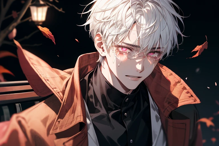 male,Short cut,White hair,timid ,pink eyes , student,Autumn background ,bench,Crying , lantern-colored eyes , high resolution, best quality , Very delicate face ,1 person,Alone, Autumn-like fashion ,flushing,Bitter smile , Hair scattered in the wind,Naturally