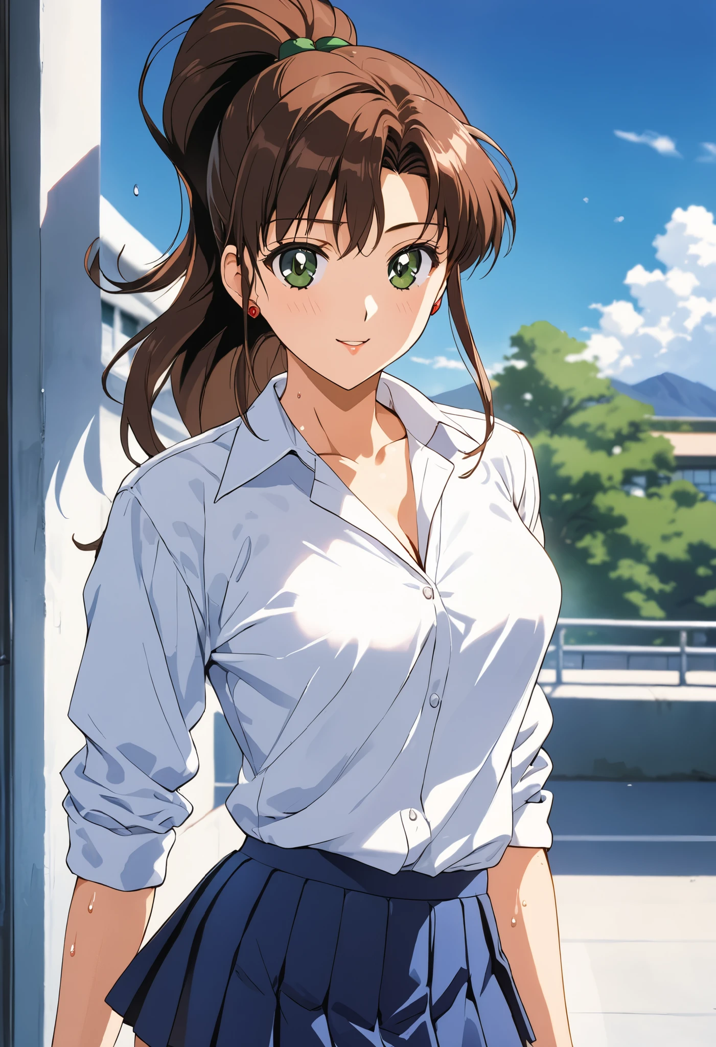 masterpiece, Best Quality, High resolution,16k,official art,super detailed skin,detailed,animated painting, (Makoto Kino:1.2),1990s \(style\),(highschool uniform,white long-sleave shirt,mini skirt:1.2)、(E-cup beautiful breasts)、clevage, (tall:1.2),height: 170cm,Fashion model body type、Sweating all over the body、vapor、Muscular、(sexy),nsfw,Sweaty、Configuration from the front、happy,simle,Ahegao、Anime-style painting style,Brown Hair、Ponytail Hair、Composition focusing on the upper body,Cinematic lighting,Ultra-fine,magnificent view、The background is the school during the day,sexy pose