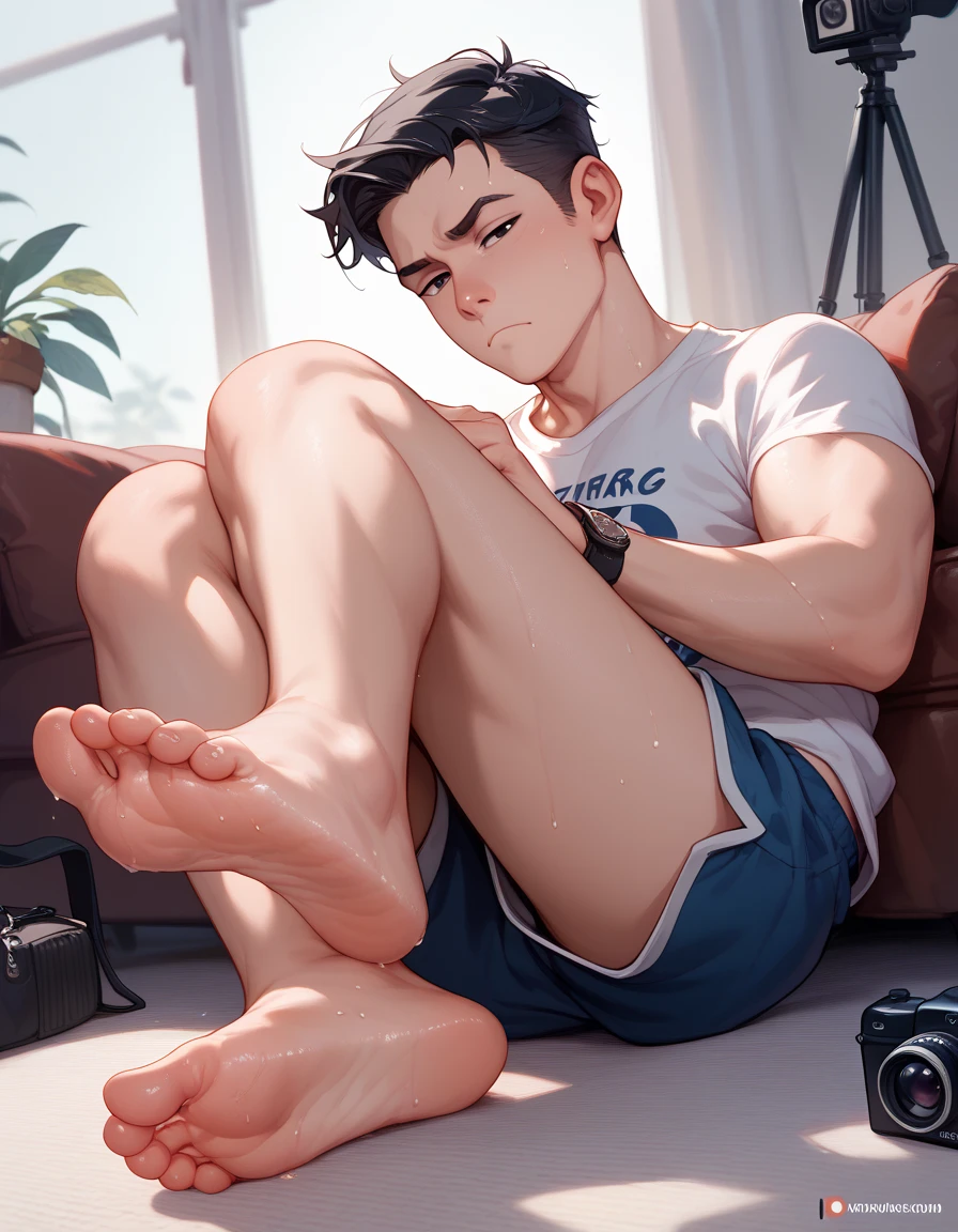 1male, black hair, , black eyes,,, ,,half closed eyes,,, shorts,,,,,,,frown, lean, showing sweaty feet soles to camera,