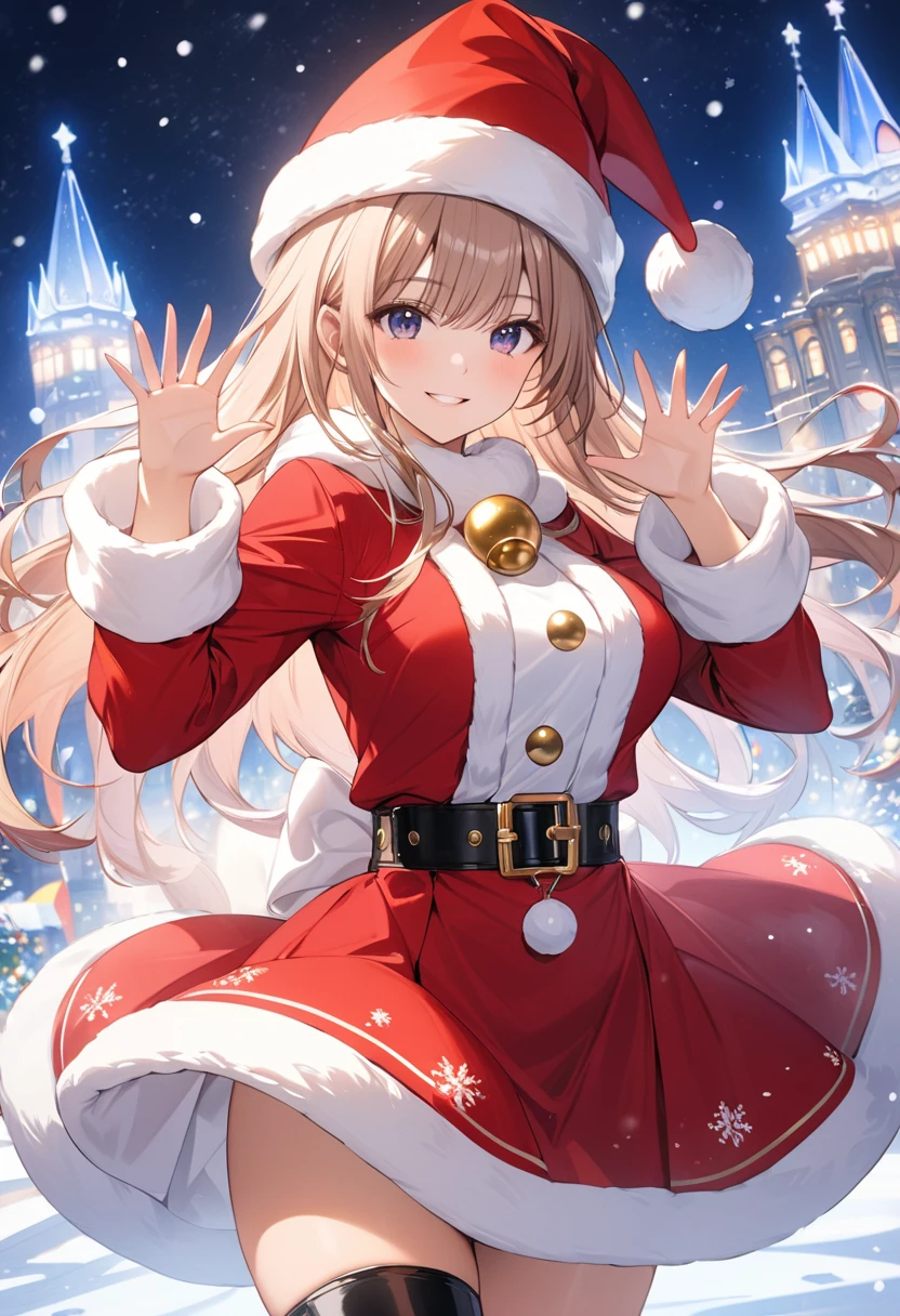 (Masterpiece, top quality, high resolution, highly detailed CG unified 8K wallpaper)), (huge stunning goddess shot, very hot and sexy, jaw-dropping beauty, perfect proportions, beautiful body, slim body beauty:1.3), (random poses, dynamic composition), Christmas, Santa Claus, (woman in Santa Claus costume, staring at viewer, red coat and skirt with white fur trim, long sleeves, thick black belt, gold buckle, black leather boots, Santa Claus hat, smiling shyly:1.3), (beautiful hands, correct fingers, 4 fingers, 1 thumb), The city at night with snow falling and twinkling illuminations