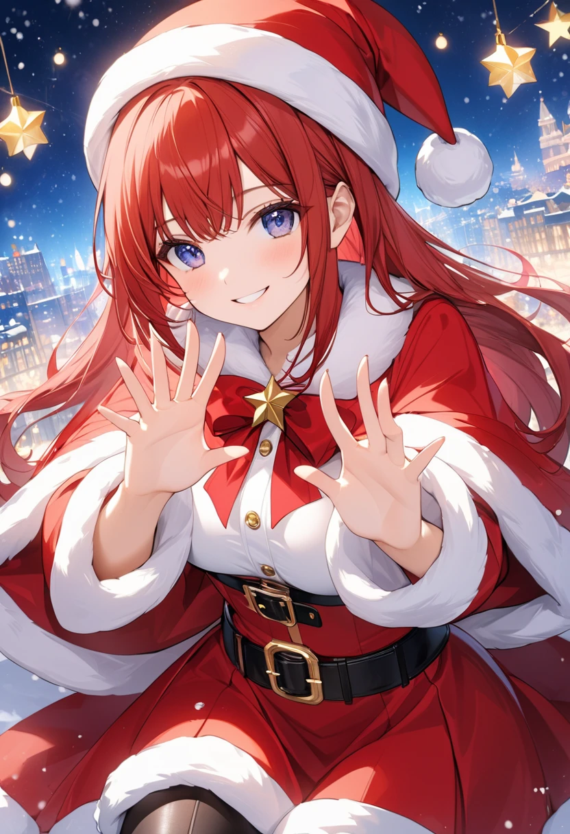 (Masterpiece, top quality, high resolution, highly detailed CG unified 8K wallpaper)), (huge stunning goddess shot, very hot and sexy, jaw-dropping beauty, perfect proportions, beautiful body, slim body beauty:1.3), (random poses, dynamic composition), Christmas, Santa Claus, (woman in Santa Claus costume, staring at viewer, red coat and skirt with white fur trim, long sleeves, thick black belt, gold buckle, black leather boots, Santa Claus hat, smiling shyly:1.3), (beautiful hands, correct fingers, 4 fingers, 1 thumb), The city at night with snow falling and twinkling illuminations,