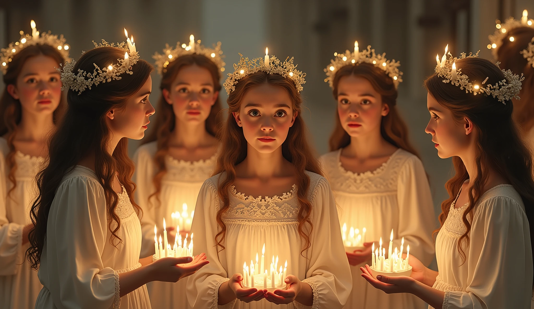 CHILDREN LONG HAIR RED HEAD GOLDEN ANGEL GIRL with candle fits in hand.