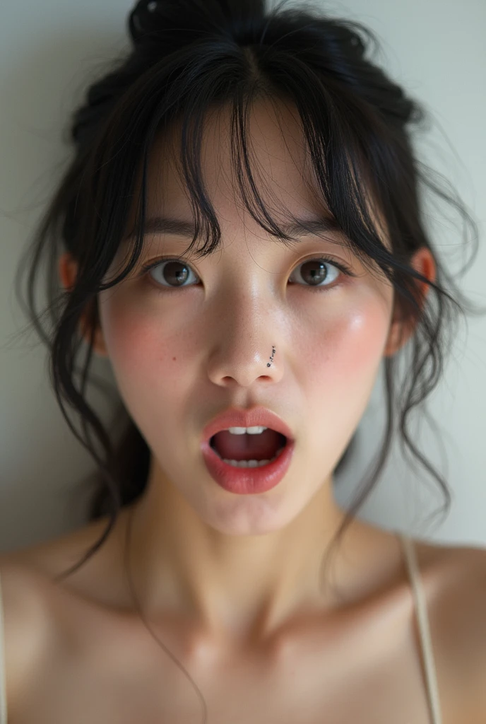 (Masterpiece, Hyper Detail, film grain, the best quality, ultra-high-resolution, Realistic:1.4), (38 years old woman, Korean:1.4), Solo, (Ultra detail face, ultra detailed eyes, ultra detail skin, Detailed skin pores:1.4), (moles:1.3), (White Underwear, see-through:1.2), short scattering hair, (Small breasts:1.4), laying on bed, Spread your legs apart, s whole body, Perfect body, appealing, (monolid eyes:1.4), a small nose, cheekbones, raised cheeks, (blush:1.4), painful, the sweat, (half-closed eye:0.9), (opened mouth), (detailed tongue:1.2), (cameltoe), (see viewer:1.3), Nude