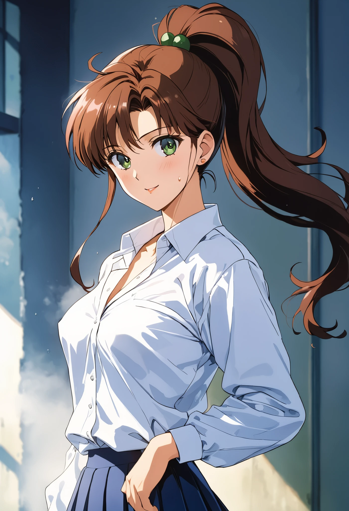 masterpiece, Best Quality, High resolution,16k,official art,super detailed skin,detailed,animated painting, (Makoto Kino:1.2),1990s \(style\),(highschool uniform,white long-sleave shirt,mini skirt:1.2)、(E-cup beautiful breasts)、clevage, (tall:1.2),height: 170cm,Fashion model body type、Sweating all over the body、vapor、Muscular、(sexy),nsfw,Sweaty、Configuration from the front、happy,simle,Ahegao、Anime-style painting style,Brown Hair、Ponytail Hair、Composition focusing on the upper body,Cinematic lighting,Ultra-fine,magnificent view、The background is the school during the day,sexy pose