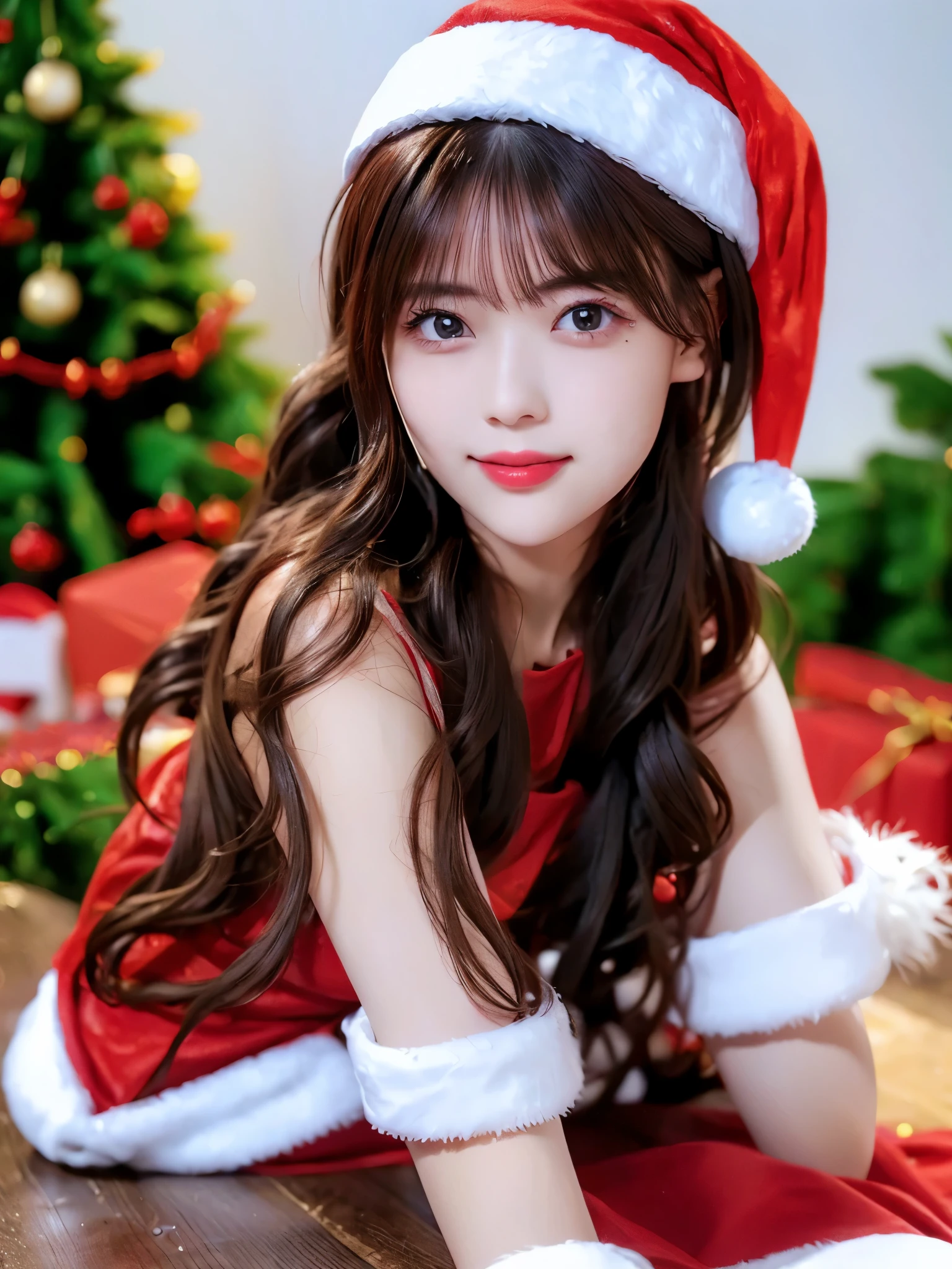 portrait、 REAL PICTURES、 top quality、 super high resolution 、(Photographically: 1.4)、 beautiful eyes、 very beautiful 、 shiny hair 、Thin hair、 Merry Christmas 、 Christmas tree、smile、(( red Santa Claus costume 、Santa hat、Forehead))