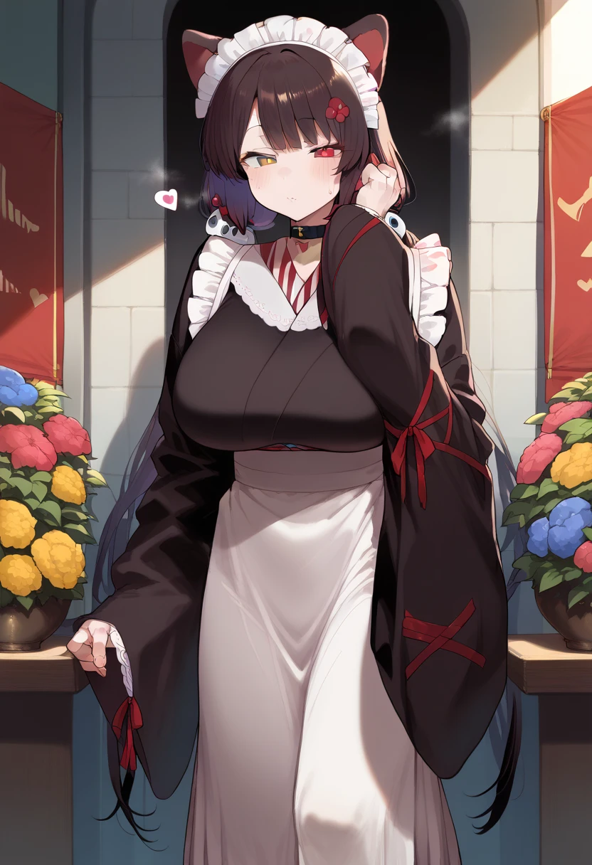 Hyper realistic, it1, flower, twintails, low twintails, very long hair, dog girl、 girl standing 、
choker, maid headdress, black kimono, wide sleeves, frills, Heart, white apron, sleeves past wrists, skirt, red skirt, perfect face, perfect lighting,, sexy female, huge breasts, sweat, hanging breasts,、The chest part of clothes that looks like it's going to break
、 behind a large school building