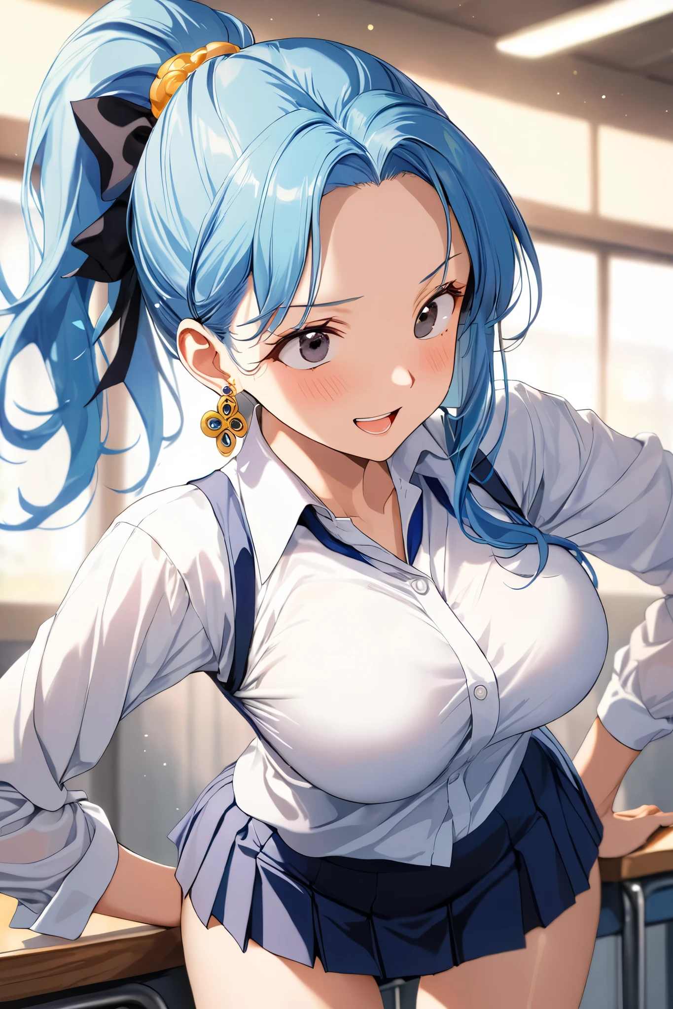 16k,masterpiece,animated painting, ultra detailed background, delicate pattern, intricate detail,highly detailed, fine details,best quality,beautiful lighting, absurdres,(Nefeltari Vivi:1.3),(onepiece:1.5),1990s \(style\),25 years old,adult beautiful lady,(E-cup beautiful breasts),clevage, (tall:1.2),height: 175cm,Fashion model body type、1girl, long hair,(forehead:1.2), blue hair,parted bang,slicked back hair,big eyes,black eyes,long eyeblushes,solo,big laugh,blush,shiy, earrings, (highschool uniform,white long-sleave shirt,mini skirt:1.2), ponytail, hair ornament,(in the school),(hair lift, cowboy shot),Anime-style painting style,Cinematic lighting,Superfine,sexy,nsfw,seductive pose,(ahegao,vulgarity,orgasm:1.1),nsfw,closeup