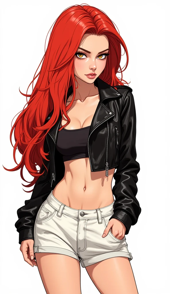 full body view, 2d platformer game character, , girl, face, beauty face, perfect body, , idle pose, long red hair, white women's shorts, black leather jacket, grinders, comics book style, comics book page, perfect clear lines, clean stroke, vector quality, flat shadows, flat color,  flat 2d cartoon style, no background