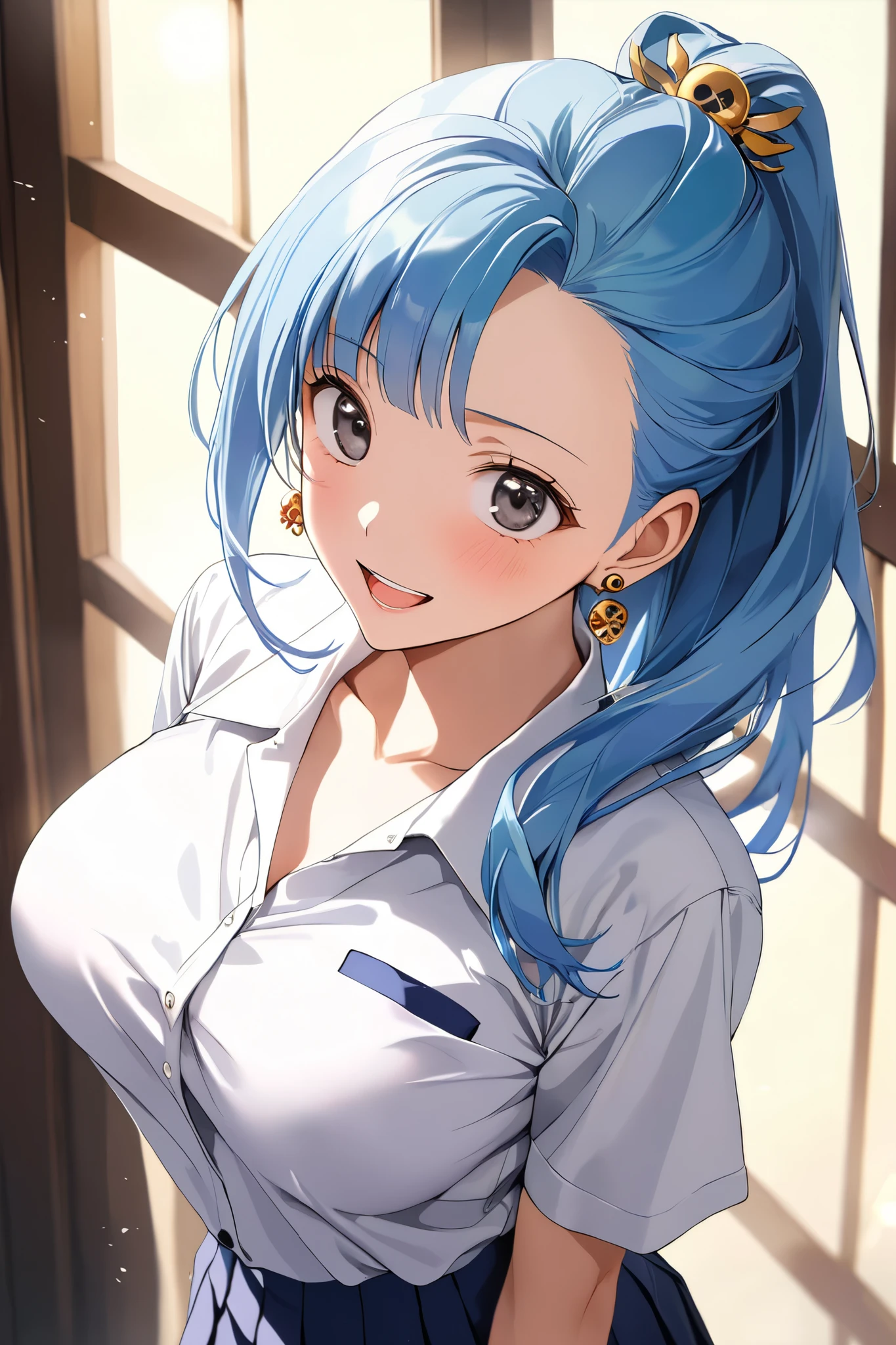 16k,masterpiece,animated painting, ultra detailed background, delicate pattern, intricate detail,highly detailed, fine details,best quality,beautiful lighting, absurdres,(Nefeltari Vivi:1.3),(onepiece:1.5),1990s \(style\),25 years old,adult beautiful lady,(E-cup beautiful breasts),clevage, (tall:1.2),height: 175cm,Fashion model body type、1girl, long hair,(forehead:1.2), blue hair,parted bang,slicked back hair,big eyes,black eyes,long eyeblushes,solo,big laugh,blush,shiy, earrings, (highschool uniform,white long-sleave shirt,mini skirt:1.2), ponytail, hair ornament,(in the school),(hair lift, cowboy shot),Anime-style painting style,Cinematic lighting,Superfine,sexy,nsfw,seductive pose,(ahegao,vulgarity,orgasm:1.1),nsfw,closeup