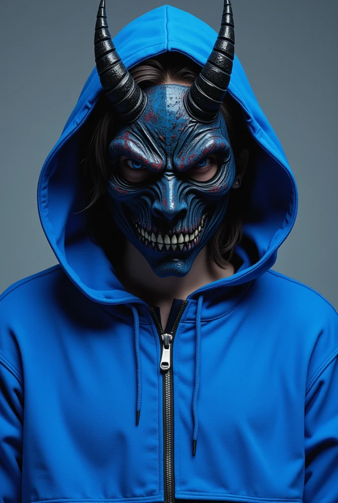  I'm wearing a blue cropped hoodie、I'm wearing a full zip demon mask 、Face is covered、Hair is hidden 、 facing the front、Wearing a hoodie、male