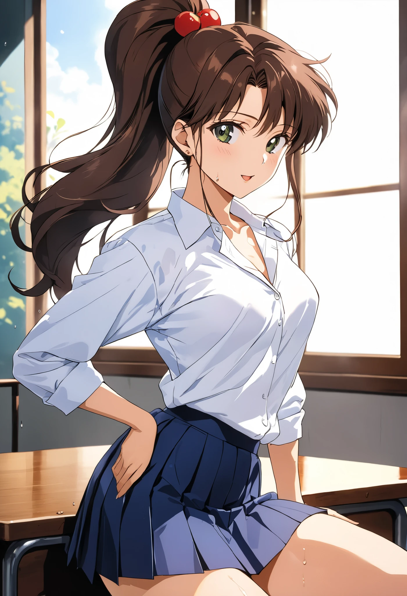 masterpiece, Best Quality, High resolution,16k,official art,super detailed skin,detailed,animated painting, (Makoto Kino:1.2),1990s \(style\),(highschool uniform,white long-sleave shirt,mini skirt:1.2)、(E-cup beautiful breasts)、clevage, (tall:1.2),height: 170cm,Fashion model body type、Sweating all over the body、vapor、Muscular、(sexy),nsfw,Sweaty、Configuration from the front、happy,simle,Ahegao、Anime-style painting style,Brown Hair、Ponytail Hair、Composition focusing on the upper body,Cinematic lighting,Ultra-fine,magnificent view、The background is the school during the day,sexy pose