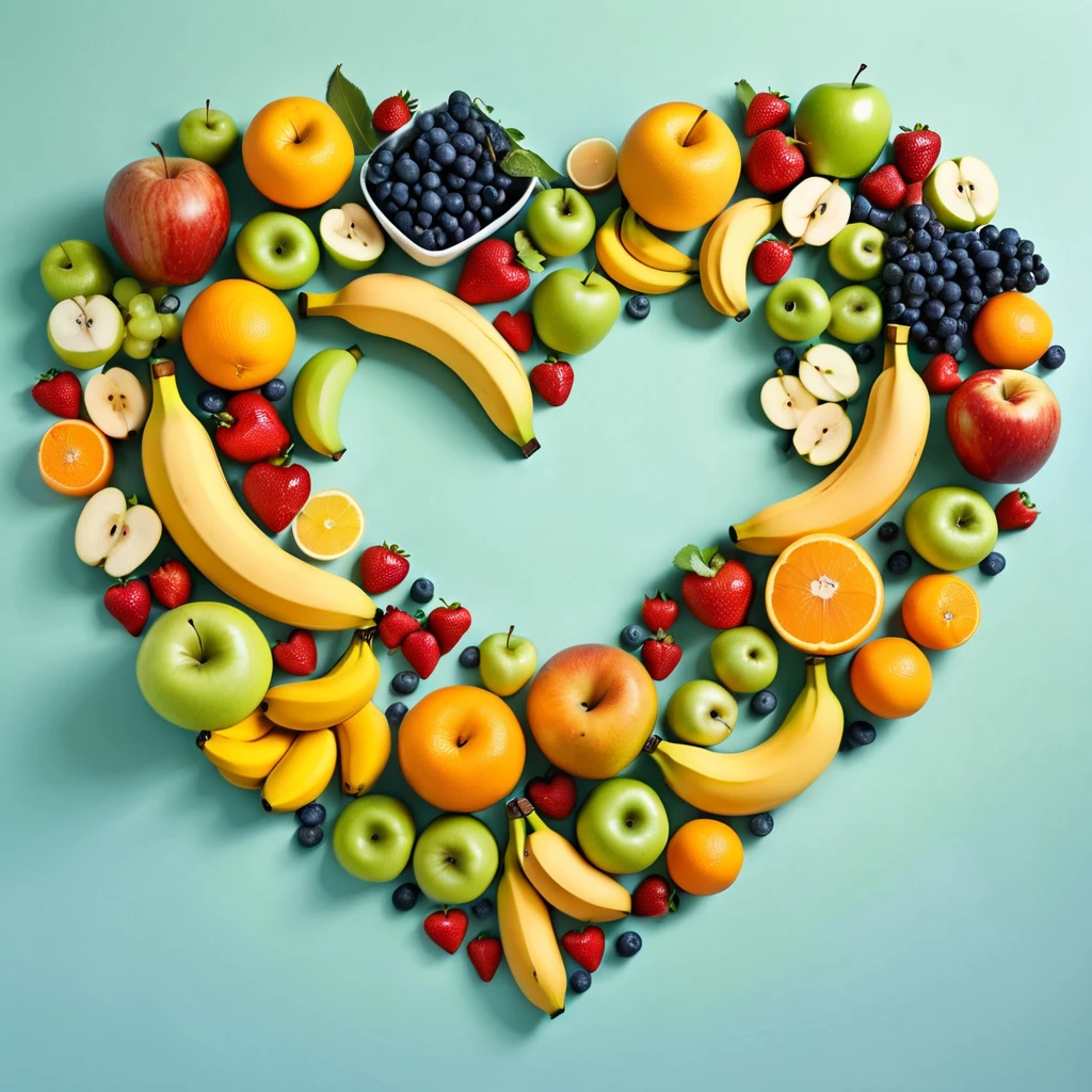 imperfect heart symbol 、A large number of fruits arranged in a heart shape 、 fruits imitating a heart symbol \([[[yellow banana::0.1]:green orange::0.5]:blue apple::0.8]\),simplism,  Minimalism  ,break,// Can sdxl understand this syntax？,//Am I able to understand this myself？