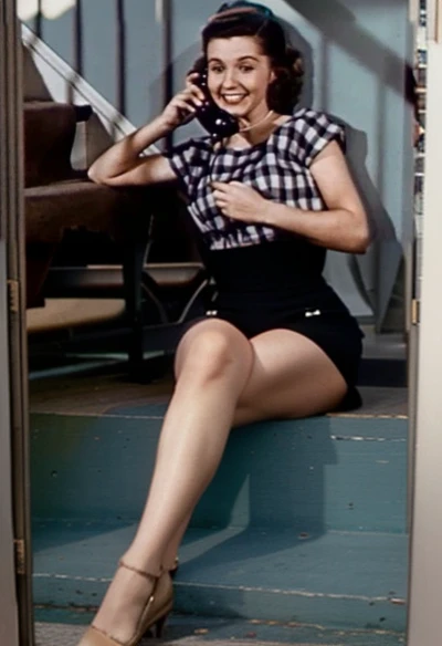 A 1920s flapper girl with large breast dressed in clothes of the era in a speak easy swinging on swing above a bar