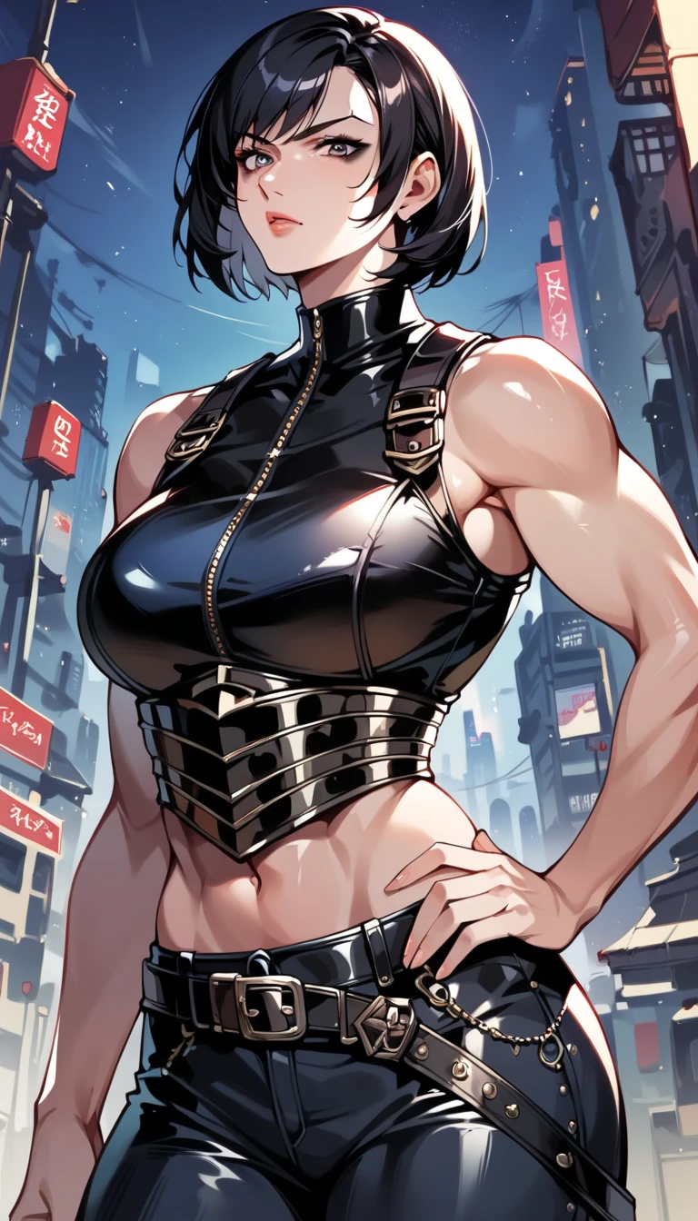 score_9, score_8_up, score_7_up, score_6_up, source_anime, BREAK 1girl, masterpiece, mature female, muscular, black hair, short hair, bare hands, leather sleeveless armor, leather pants, serious face, black mascara, hand on hip, upper body, fantasy cityscape, street, night, looking at viewer, sword on the back