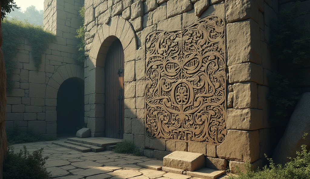 Generate a High quality . realistic in cinematic 3D style 6. **Ancient Stone Carvings**: Close-up of ancient, mysterious carvings on the fort's walls, hinting at the fort's secret history.