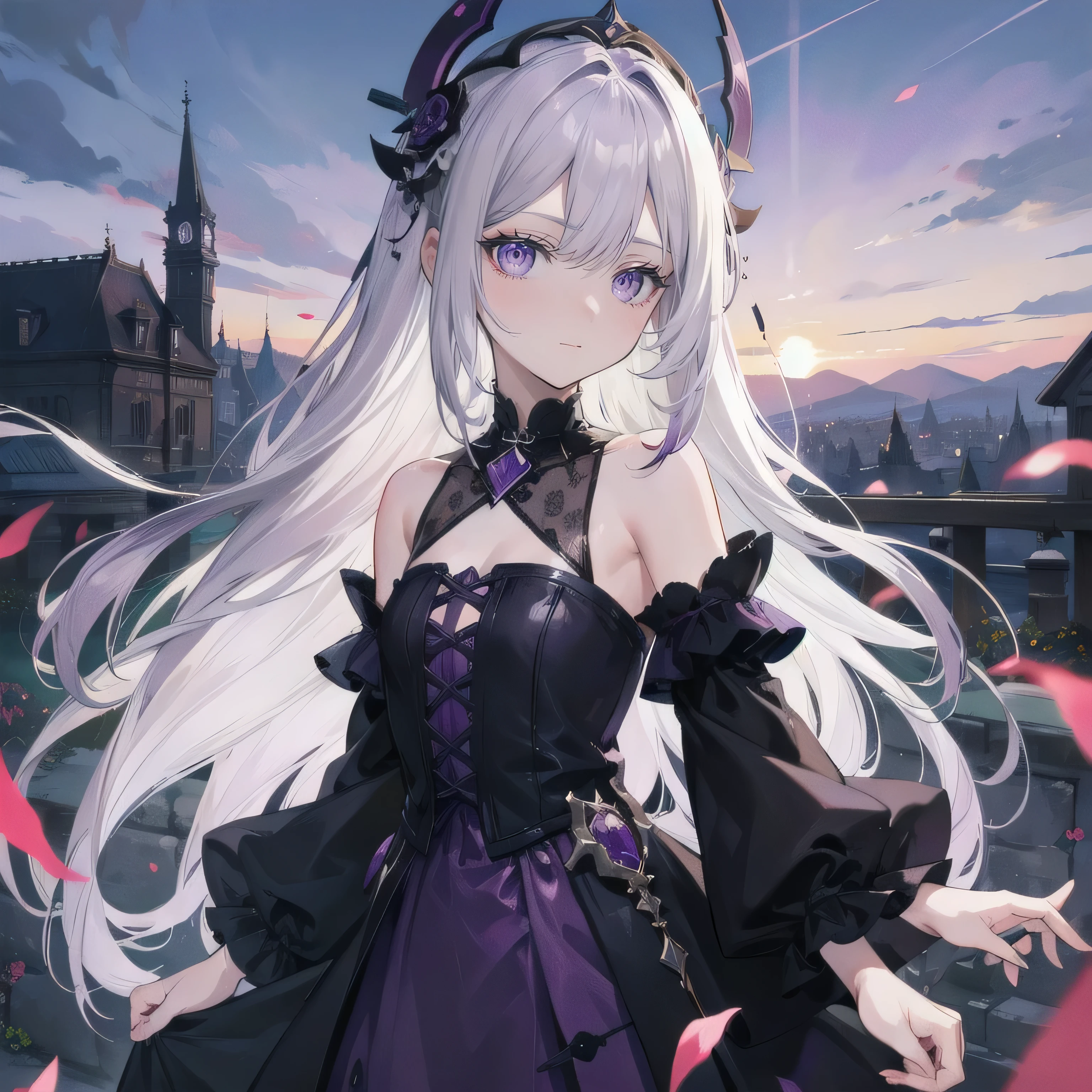masterpiece, best quality,1girl,black dress,yellow eyes, light smile,breasts, cropped arms,meadow,moonlight, hand on own stomach,
