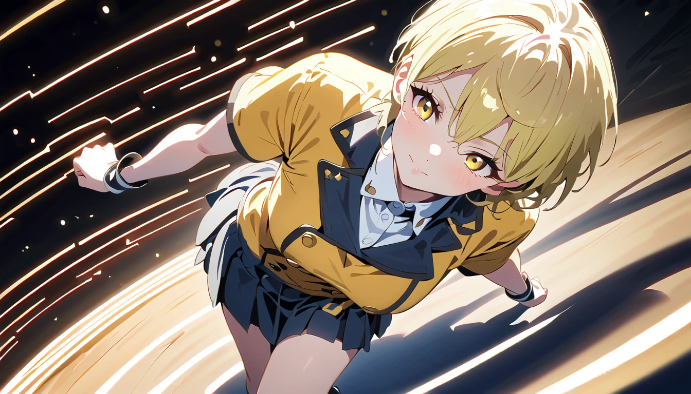  Dynamic Poses 、microphone、whole body、 long sleeve shirt、{{{masterpiece}}}, {{{ top quality}}}, {{ ultra detail }}, {beautiful detailed eye}, 1 girl, Alone, (( yellow hair )),(bangs),  Outward curled hair、 small tits、 flat chested、poor bust、Idolの stage、illumination、4 girl band singing in exciting live 、 angle from above、  looks up, girl ,Midea,eye、  dynamic angle  、Alone、  short hair、Pump your fist、 stage、Blondeの short hair、 yellow shirt、Short nape、Laugh gently、 yellow long-sleeved shirt 、White collar、Yellow Eyes、 song、Idol、 ベリー short hair、  short hair 、Blonde、  stageに立ち song、ベリー short hair  、  short hairー、 長そでピンクのシャツにWhite collar、 pretty  girl、Detailed eye、 anime painting、金色のeye、  stage、  black skirt、 adult older sister、 simple background、,Alone、 1  girl、E art style  、 Light Shines In 、Beautiful Shadows、Alone、singer、
