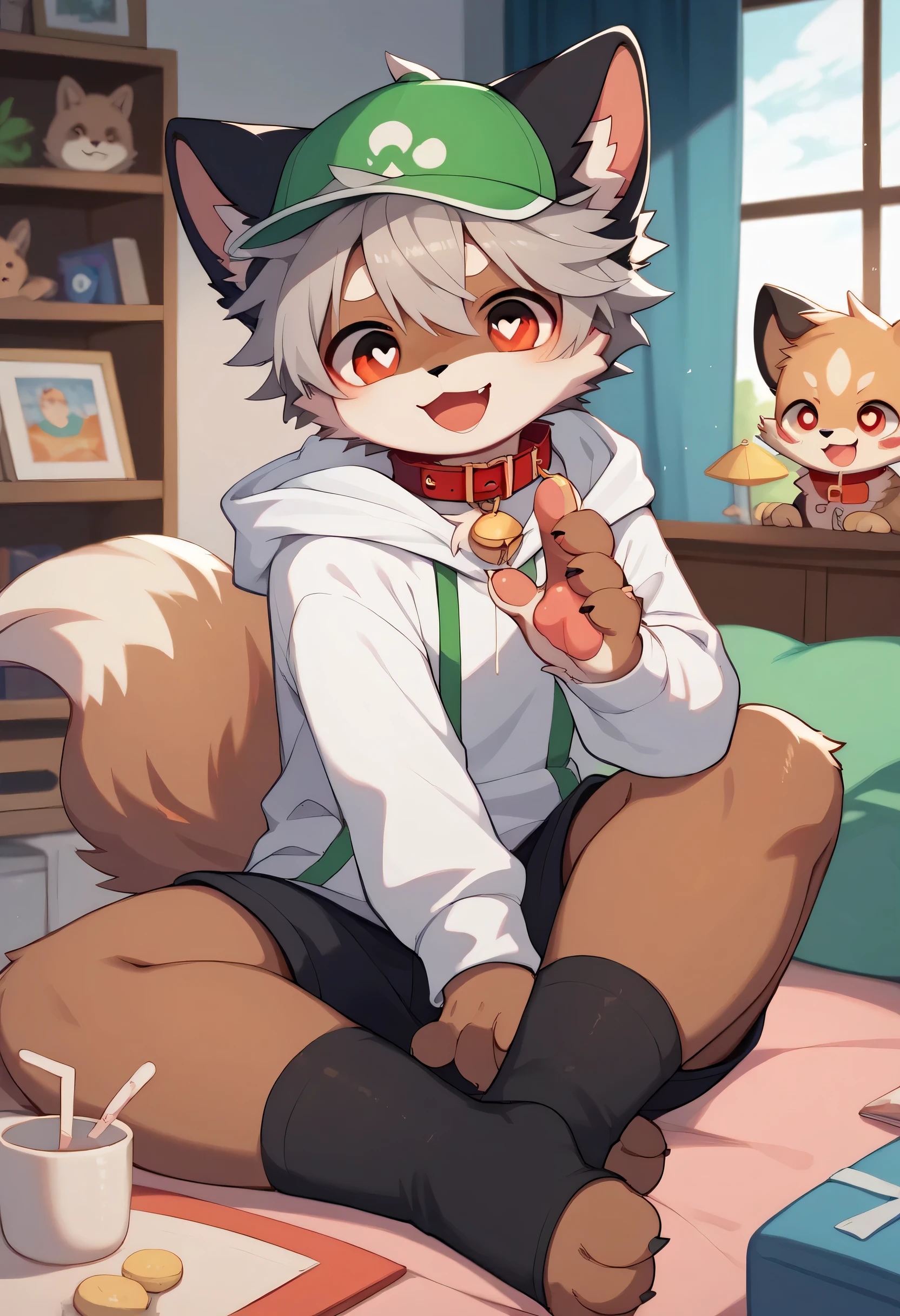  very detailedな, very detailed, brown fur gray hair ,Brown hair,,male,骨を見てExcited,Heart Eyes,participate, green white and colored hat, cute face,Sitting!,Red collar,black ears , fluffy fur like one,Excited,Horny boy,Beautiful room, 's room ,Smiling face,Dropped ears, let's play with the toy! my mental age is  ,Want, black shorts,green and white hoodie 