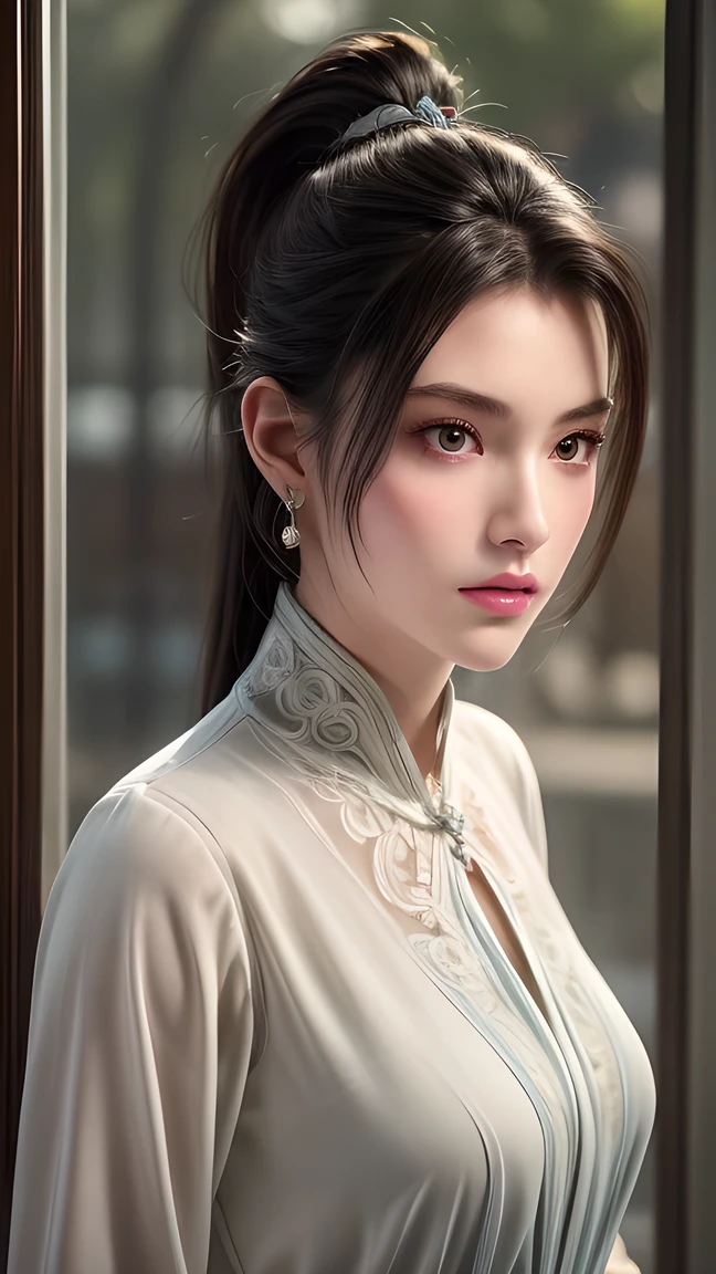  Best Quality , masterpiece, Large target , (Small chest), Delicate skin texture ,  detailed fabric texture ,  exquisite face ,  Super detailed , 8K,  Detailed ,  1 girl, 30 years old,  has a window with high contrast ,  high resolution eyes , Brunette， upper body，High Ponytail