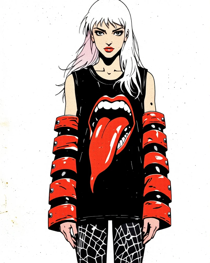 Art style by H. R. Giger, Art Style by Moebius, 


A young woman, light-skinned and appearing to be in her late teens or early twenties, is centrally positioned in the image.  She is wearing a black top with long sleeves featuring wide, red and black horizontal stripes.  The sleeves have metal grommets and appear like arm warmers or extensions. The top has a graphic design of a stylized, white vampire-like mouth and teeth.  She is wearing black leggings with a spiderweb pattern.  Her hair is long, light blonde, and styled straight. Subtle hints of pink are present at the hair's parting.  She has dark eyeliner, defined eyebrows, and a neutral expression. Her body type appears slender.  She is wearing dark nail polish.  The image's background is plain white.  The lighting is bright and even, illuminating the subject evenly.  The atmosphere is cool, stark, edgy, and suggestive of a fashion or gothic-inspired theme. The composition is focused on the figure and the garment, with the background acting as a simple backdrop.  The style is contemporary and fashion-oriented. No significant details besides the clothing are apparent.
