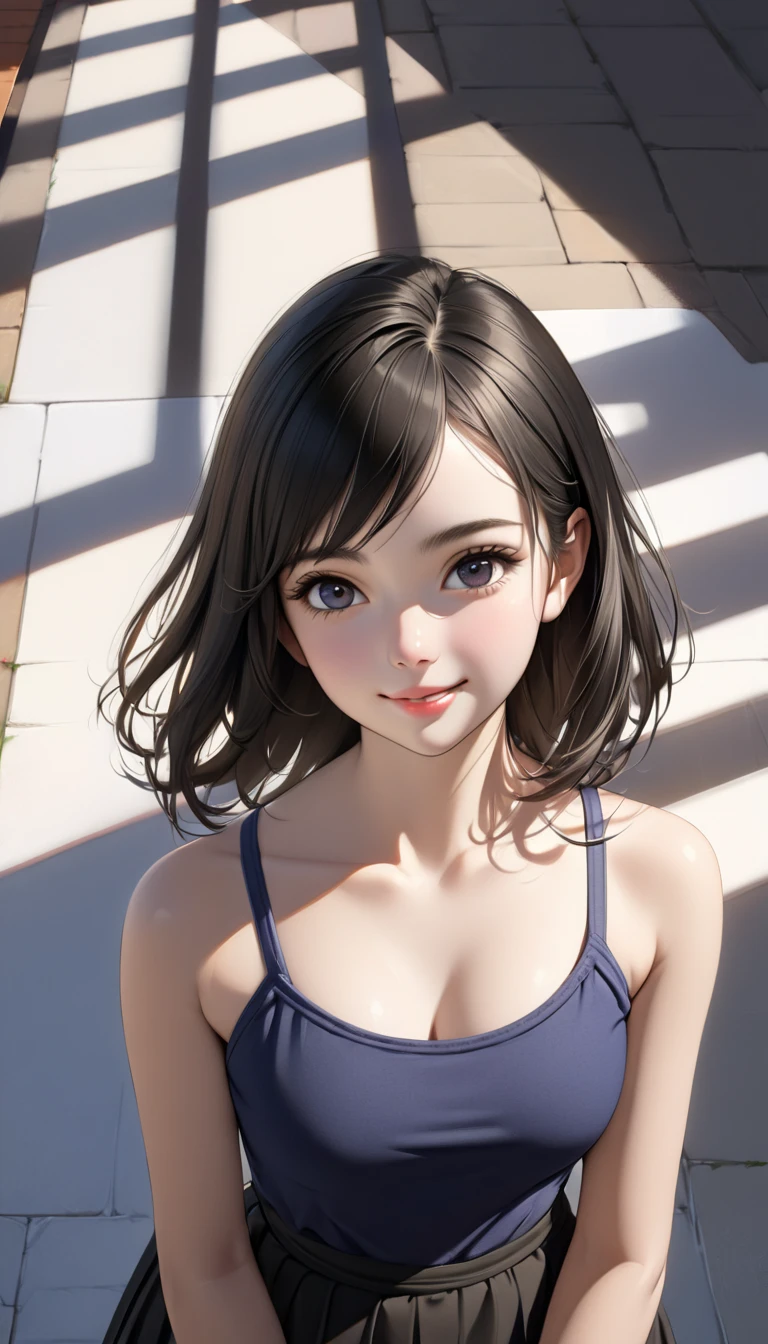 (8K, RAW Photos, Highest quality, masterpiece:1.3), (Realistic, photo-Realistic:1.4), (Highly detailed 8K wallpaper),One Girl, cute, Laughter, Professional Lighting, Plain,Photon Mapping, Radio City, Physically Based Rendering, Black Hair, Very short hair,Highest qualityの写真, High resolution, 1080P, (Beautiful face), (Detailed facial depiction), Vibrant, Extreme light and shadow, Dolly Bang Hair, masterpiece, Rich details, (Detailed facial features), (Highest qualityの写真), (masterpiece), (Finely tuned), dual、Look in front of you, Thin clavicle,Inside the hotel
