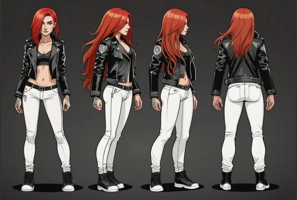 2d platformer game character, full body view, girl, face, beauty face, perfect body, , idle pose, long red hair, white women's shorts, black leather jacket, grinders, comics book style, comics book page, perfect clear lines, clean stroke, vector quality, flat shadows, flat color,  flat 2d cartoon style, no background