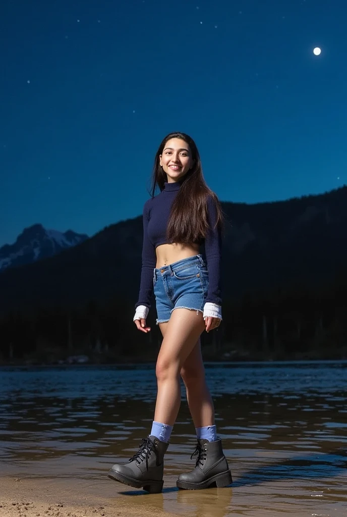 1girl, masterpiece, best quality, ultra-detailed, solo, outdoors, (night), mountains, nature, (stars, moon) cheerful, happy, mountain boots, gloves, winter wear, hat, flashlight, forest, rocks, river, wood, smoke, shadows, contrast, clear sky, analog style, (look at viewer:1.2), (skin texture), close up, cinematic light, sidelighting, ultra high res, best shadow, RAW, upper body, wearing pullover top