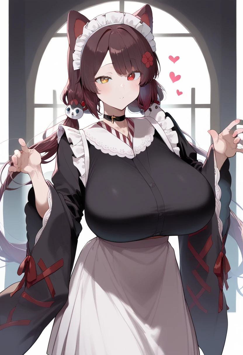 Hyper realistic, it1, flower, twintails, low twintails, very long hair, dog girl、 girl standing 、
choker, maid headdress, black kimono, wide sleeves, frills, Heart, white apron, sleeves past wrists, skirt, red skirt, perfect face, perfect lighting,, sexy female, huge breasts,、The chest part of clothes that looks like it's going to break、boob tent
、 bedroom、