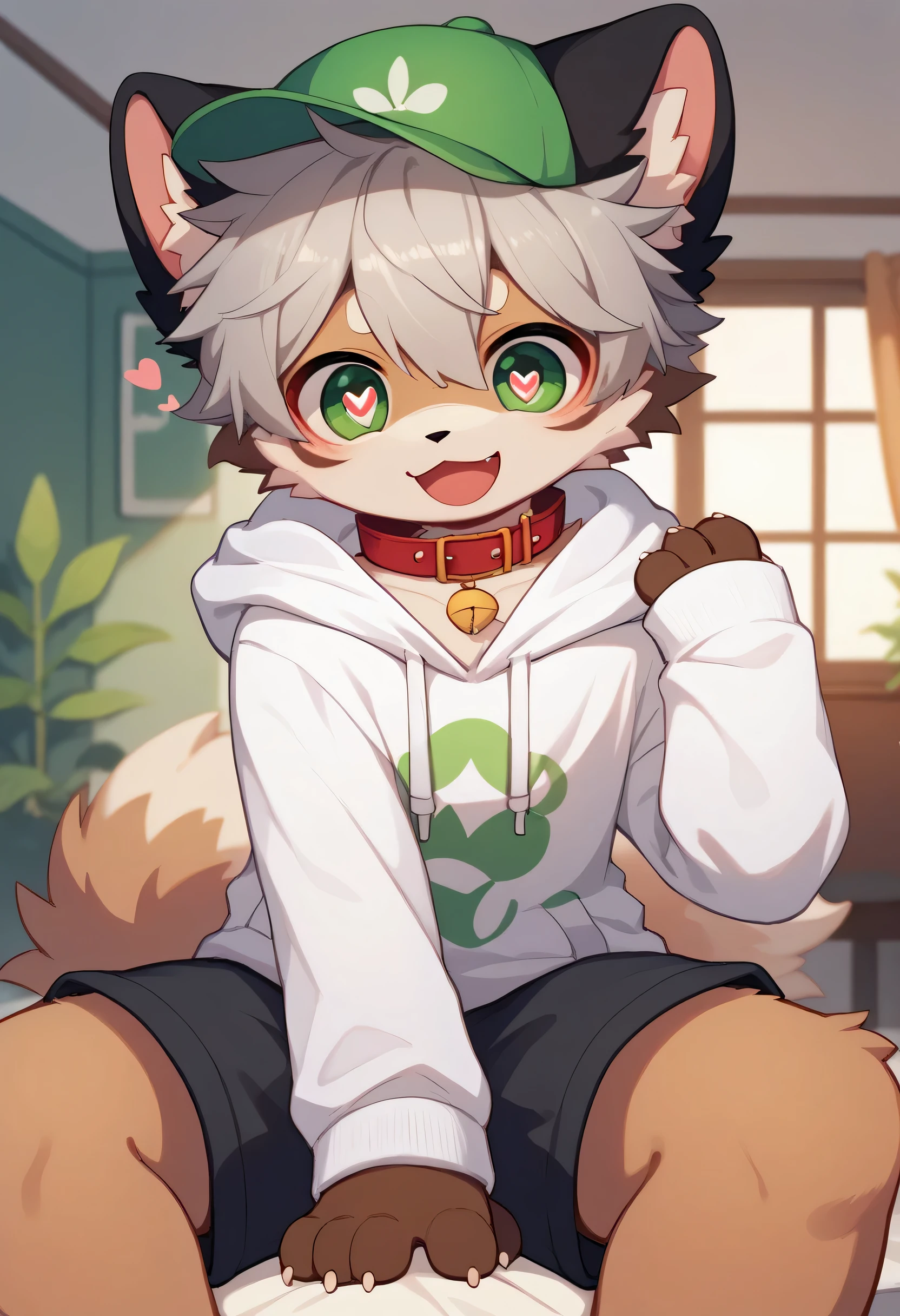  very detailedな, very detailed, brown fur gray hair ,Brown hair,,male,骨を見てExcited,Heart Eyes,participate, green white and colored hat, cute face,Sitting!,Red collar,black ears , fluffy fur like one,Excited,Horny boy,Beautiful room, 's room ,Smiling face,Dropped ears, let's play with the toy! my mental age is  ,Want, black shorts,green and white hoodie 