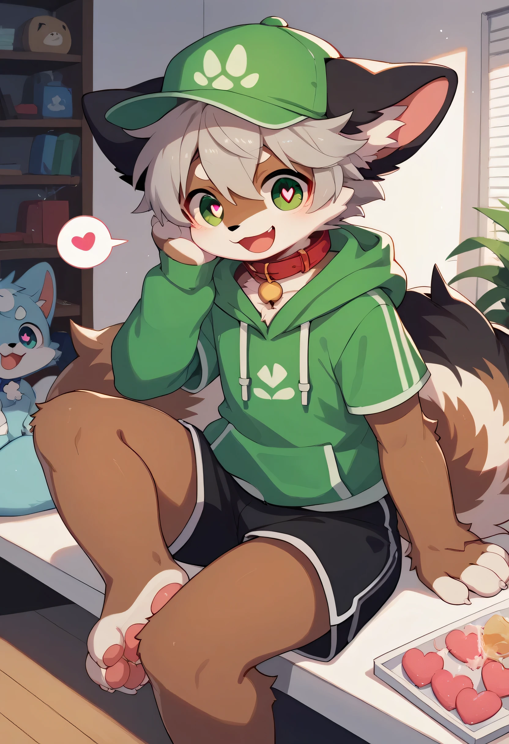  very detailedな, very detailed, brown fur gray hair ,Brown hair,,male,骨を見てExcited,Heart Eyes,participate, green white and colored hat, cute face,Sitting!,Red collar,black ears , fluffy fur like one,Excited,Horny boy,Beautiful room, 's room ,Smiling face,Dropped ears, let's play with the toy! my mental age is  ,Want, black shorts,green and white hoodie 