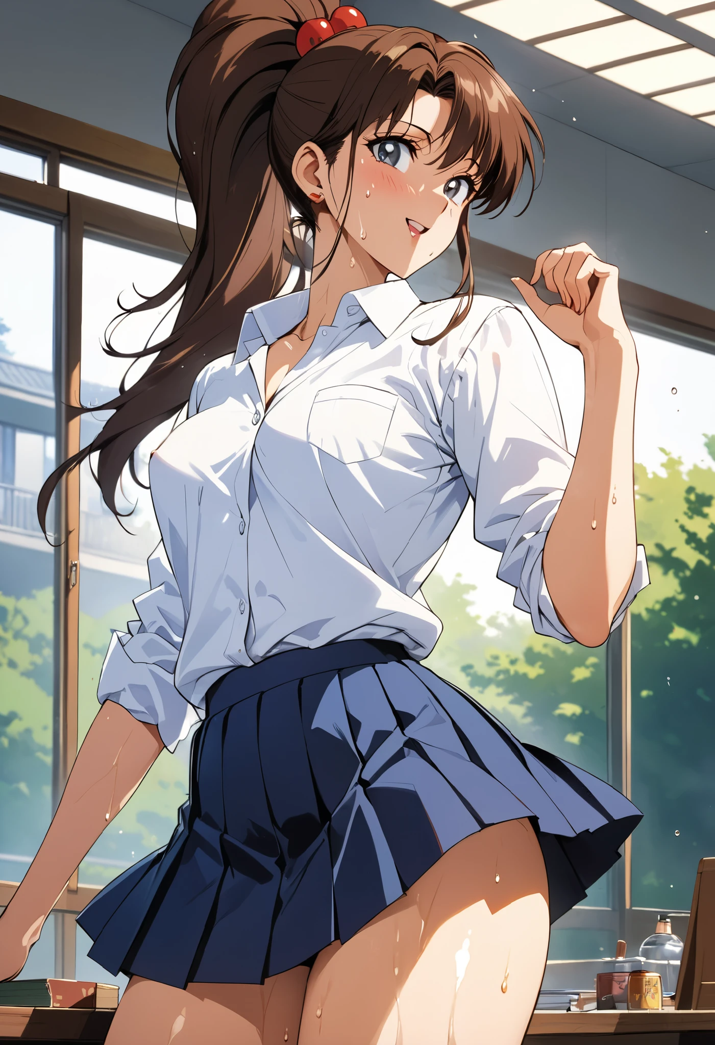 masterpiece, Best Quality, High resolution,16k,official art,super detailed skin,detailed,animated painting, (Makoto Kino),1990s \(style\),(highschool uniform,white long-sleave shirt,mini skirt:1.2)、(E-cup beautiful breasts)、clevage, (tall:1.2),height: 170cm,Fashion model body type、Sweating all over the body、vapor、Muscular、(sexy),nsfw,Sweaty、Configuration from the front、happy,simle,Ahegao、Anime-style painting style,Brown Hair、Ponytail Hair、Composition focusing on the upper body,Cinematic lighting,Ultra-fine,magnificent view、The background is the school during the day,sexy pose
