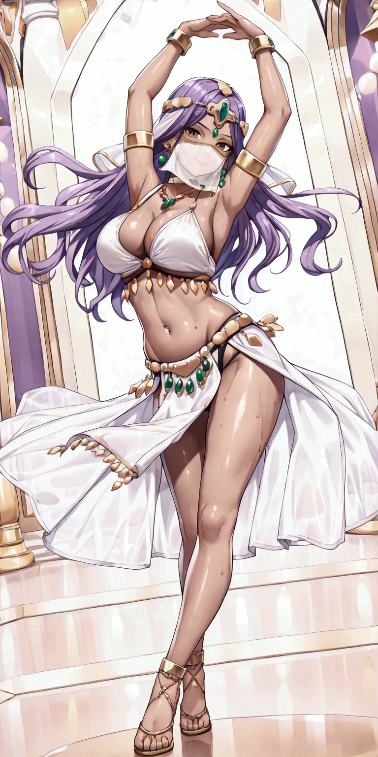 solo,1girl\((Manya:1.2)\(dragon quest4,game\), purple hair, circlet, earrings, choker, bracelet, armlet, bikini, loincloth,dancer\((Belly_dance:1.3),Raqs Sharqi\),Arabic,(face veil:1.7),dark skin, shiny skin, cleavage, wearing jewels, crystal jewelry,  beautiful hair, long hair,floating hair,shiny hair, wavy hair, bracelets, necklace, earrings,wearing makeup\(eyeshadow,lips\),long eyelashes,(dynamic pose:1.3),motion blur on costume,breast,(dancing\(beautiful dance\):1.5),big eye,beautiful eye,shiny skin,smooth skin,slender,stirring,wet skin,sweat,smile\), BREAK ,background\(inside golden palace,(very dark:1.4), luxury, many shiny reflects\),(long shot:1.4),(wide shot:1.4),full body,(dynamic angle:1.6),long shot. BREAK .quality\(8k,wallpaper of extremely detailed CG unit, high resolution, top-quality, top-quality real texture skin, hyper realistic, increase the resolution, RAW photos, best quality, highly detailed, the wallpaper, golden ratio, high saturation realism, vibrant colors, dramatic lighting, persuasive storytelling, atmospheric scenery, captivating visuals, intricate details, strong emotions, dreamlike world\)