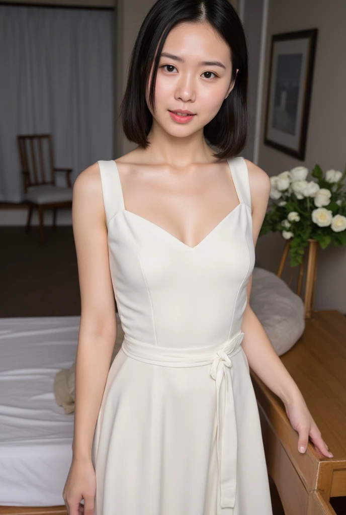Highest quality, masterpiece, Ultra-high resolution, (Realistic:1.4),Beautiful woman,(Shortcuts),(Big Breasts) ,Beautiful Skin, Fine skin, 魅惑的なsmile, Background blur, smile, (Luxury Long Dress, Her high-quality polka-dot panties are visible from the hem of her dress.:1.3, Long sleeve ruffle, White maid apron, White prim head)