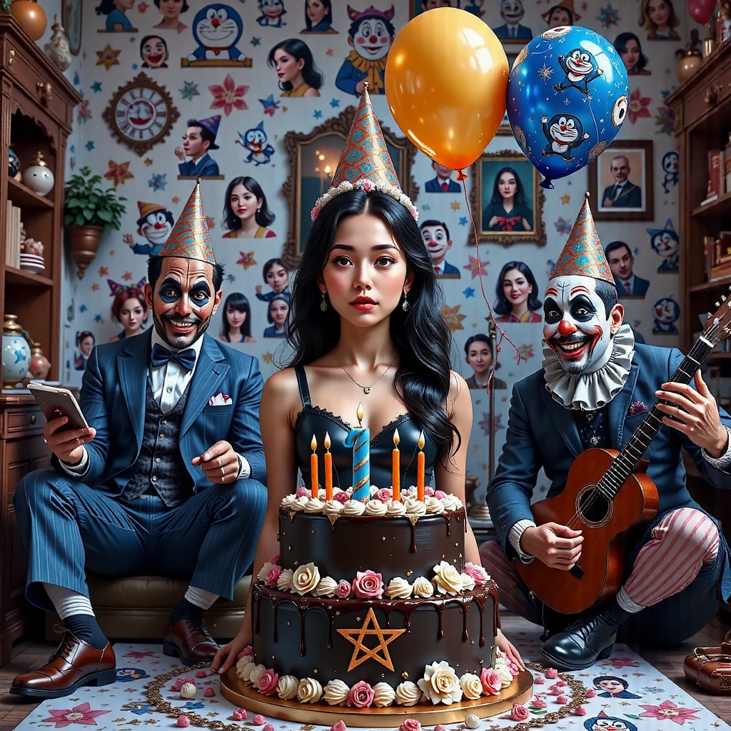 seorang anak perempuan berusia yang cantik berambut panjang, memakai gaun ulang year berwarna hitam, is sitting with two men dressed as clowns llooking at the camera , terlihat kue ulang year dengan warna menarik lilin angka Pantagram, give the inscription chealse inara on top of the cake again,year, The girl looks happy to get a surprise , the first clown carries a balloon , the second clown carries a guitar and sings , to the middle of the house , with doraemon cartoon wall realistic