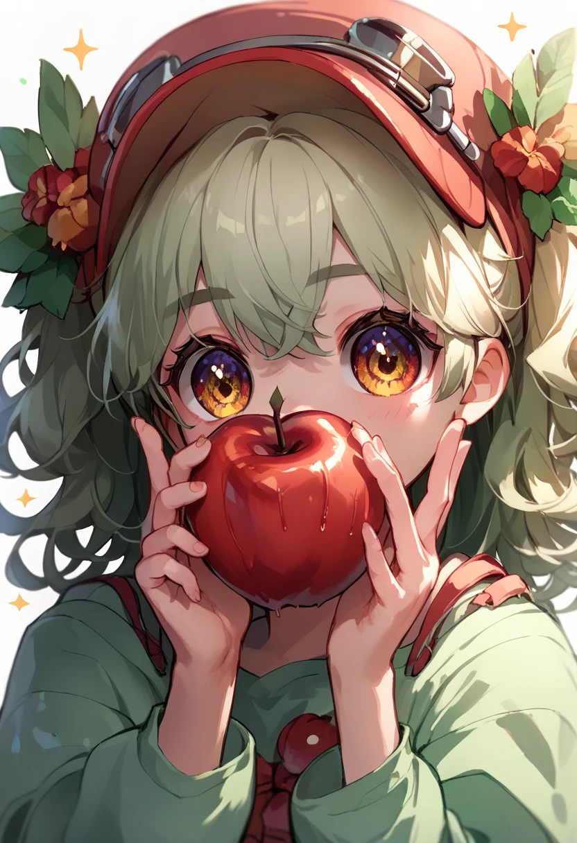 Anime, -aged girl hog apple in both hands, eyes sparkling, cute gestures, tilting head, 8K quality