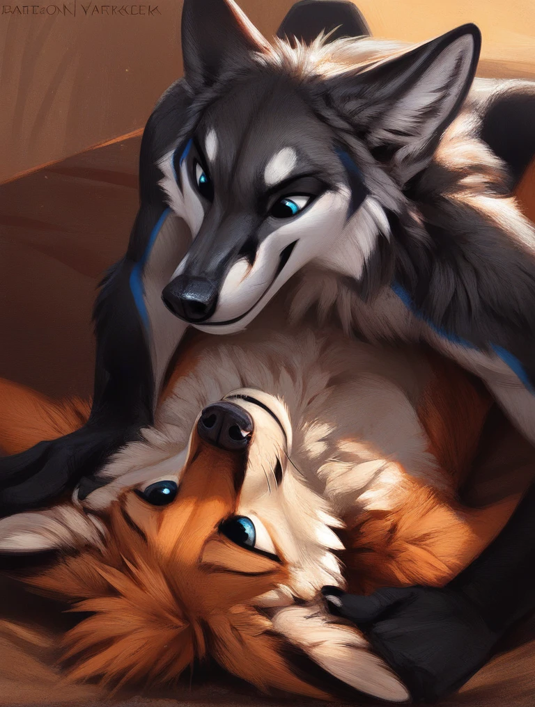 score_9, score_8_up, score_7_up, source_furry, rating_safe, by kenket, anthro, duo, male/male, wolf, black body, blue eyes, fox, orange body, doggy style, bird's eye view, on belly
