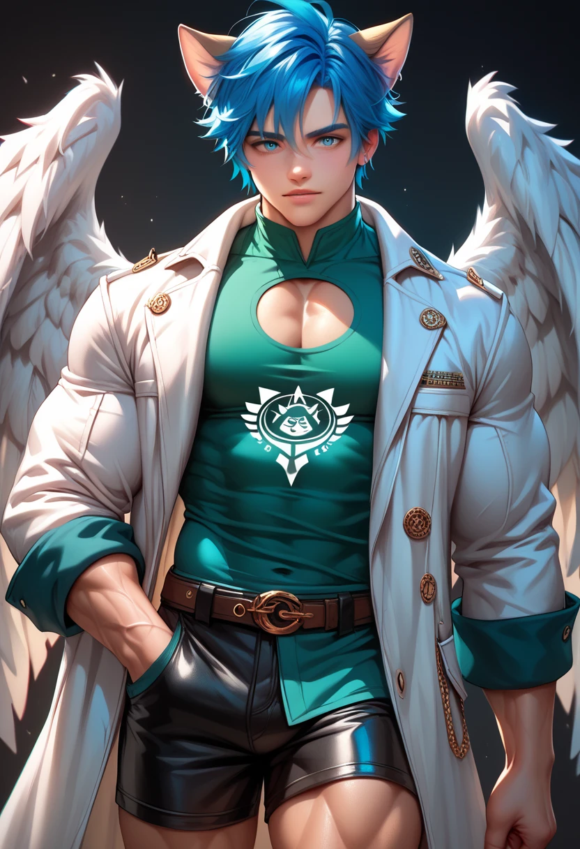 ((Boy with blue hair and cat ears )), I'm wearing a white coat,Leon,leon, boy,Shorts, , anatomically correct, (((8K resolution))),young boy, He has a thick dictionary in his hand , trained muscles like a bodybuilder, Very Big Muscles , big wings, Thick chest peeking out from her chest , green shirt 