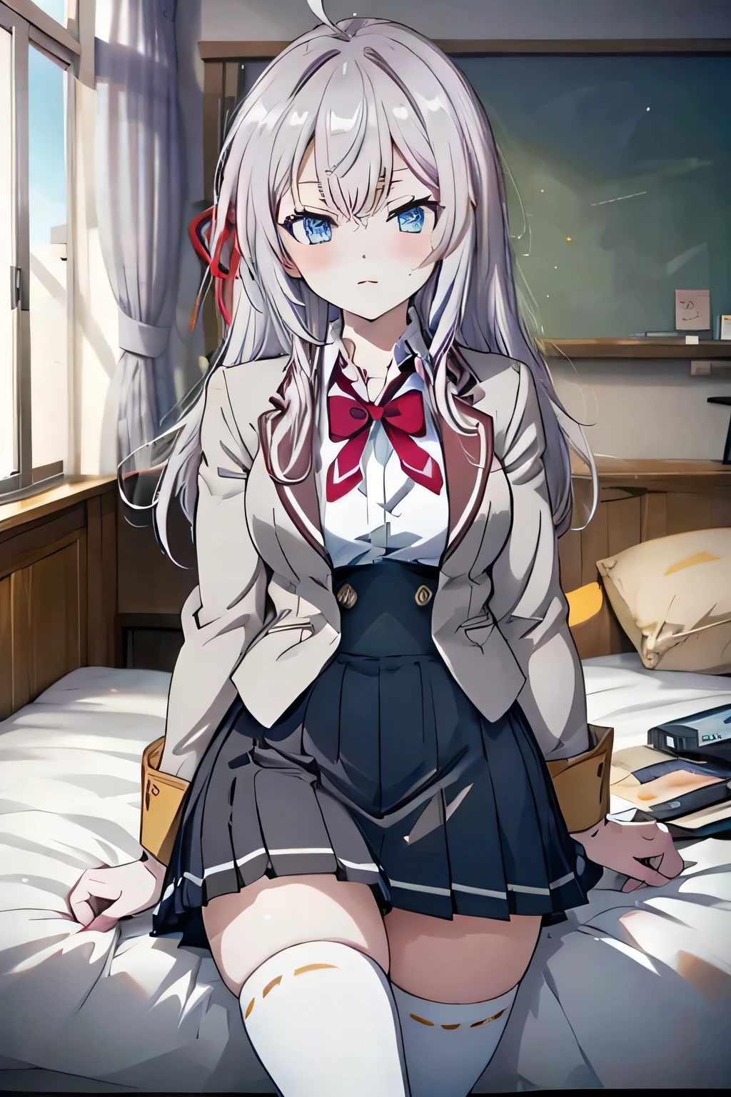 score_9, score_8_up, score_7_up, anime screencap, source_anime, 1girl, BREAK, 1girl,
long hair , grey hair, ahoge, crossed bangs, blue eyes , hair ribbon, red ribbon , ( black hips : 1.2), ( beautiful , large breasts : 1.0), natural breasts, white skin, normal skin,
Alya's School , short jacket, open jacket , A brown jacket , red bow tie , the white shirt , black vest, buttons, long sleeves , pleated skirt , black skirt, white stockings, style to blush, seat, on the bed, looks at the viewer , раздвинутые legs, legs, looks at the viewer , white panties are visible