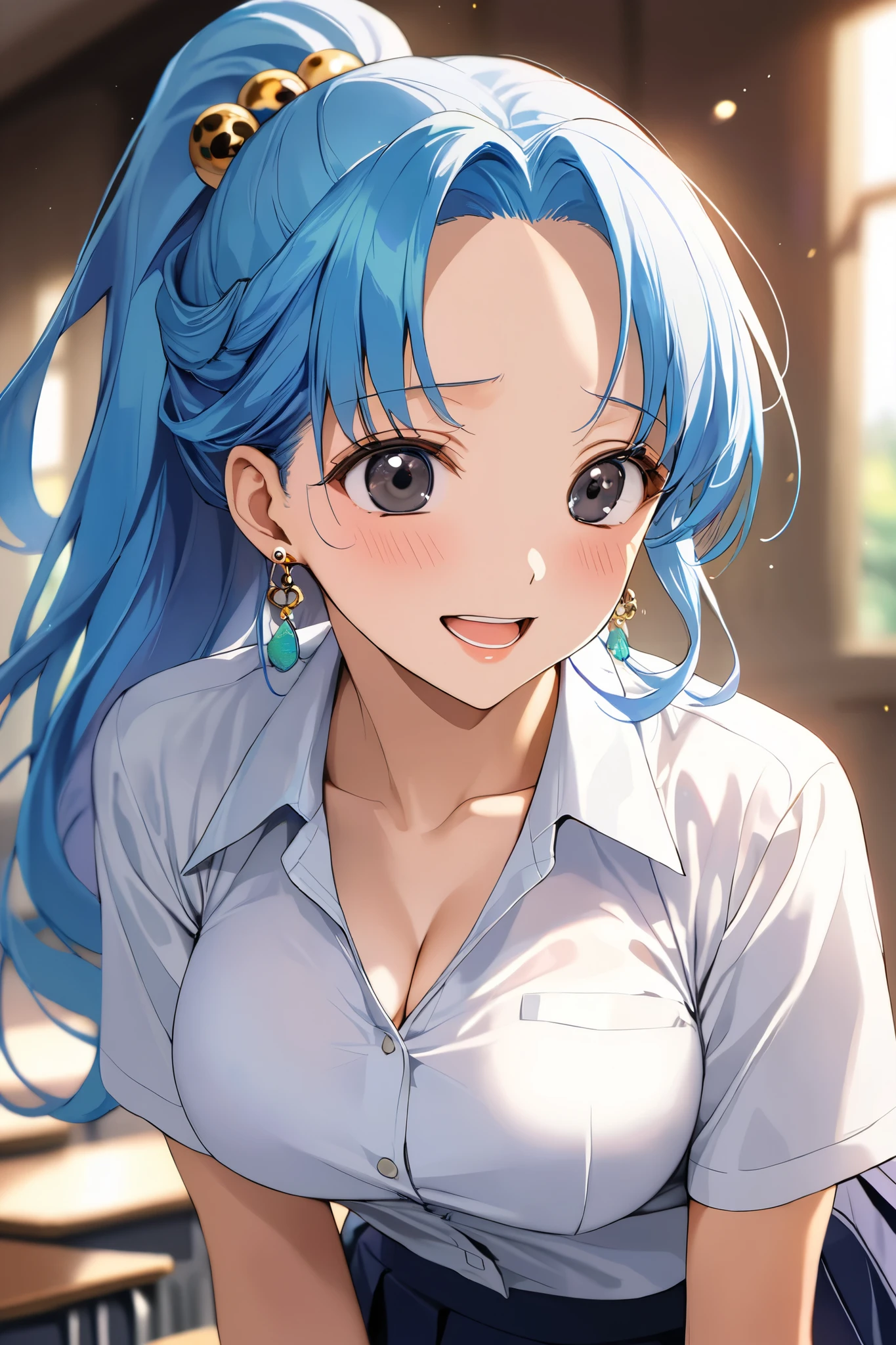 16k,masterpiece,animated painting, ultra detailed background, delicate pattern, intricate detail,highly detailed, fine details,best quality,beautiful lighting, absurdres,(Nefeltari Vivi:1.3),(onepiece:1.5),1990s \(style\),25 years old,adult beautiful lady,(E-cup beautiful breasts),clevage, (tall:1.2),height: 175cm,Fashion model body type、1girl, long hair,(forehead:1.2), blue hair,parted bang,slicked back hair,big eyes,black eyes,long eyeblushes,solo,big laugh,blush,shiy, earrings, (highschool uniform,white long-sleave shirt,mini skirt:1.2), ponytail, hair ornament,(in the school),(hair lift, cowboy shot),Anime-style painting style,Cinematic lighting,Superfine,sexy,nsfw,seductive pose,(ahegao,vulgarity,orgasm:1.1),nsfw,closeup