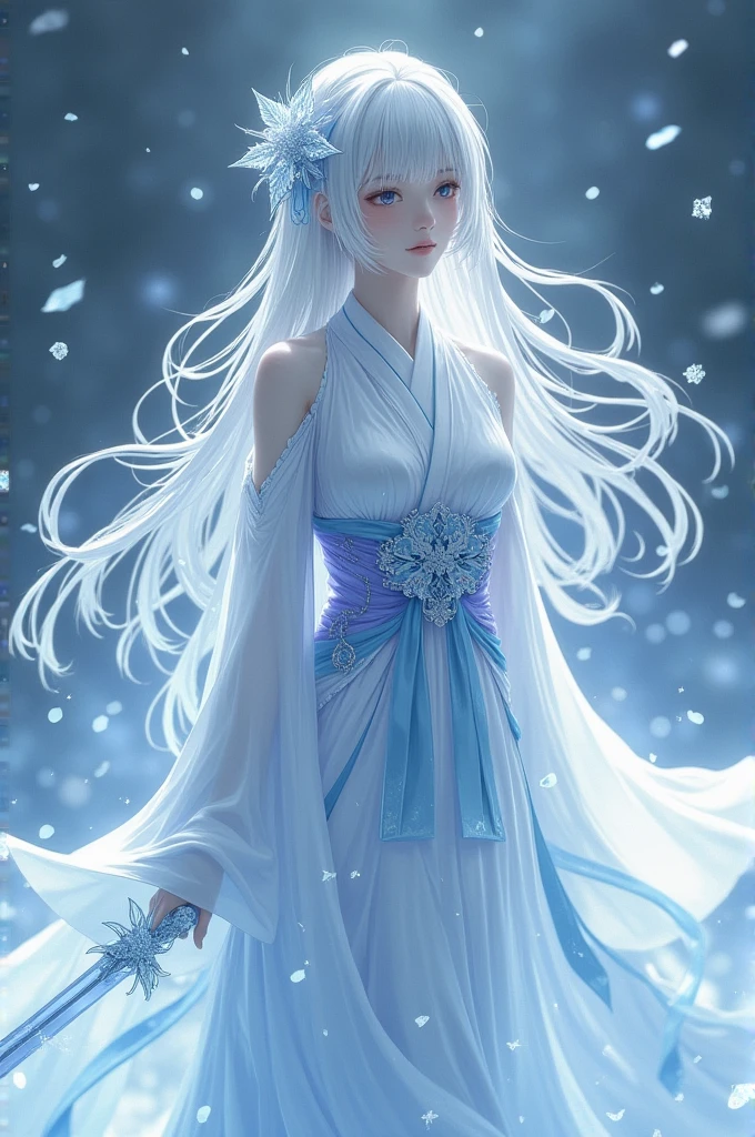 White hair girl, beautiful detailed eyes, pale skin, flowing white hair, elegant pose, fantasy setting, soft lighting, ethereal atmosphere, mesmerizing gaze, delicate features, porcelain-like complexion, long white hair cascading down her back, intricate braids adorned with flowers, silver crown on her head, sparkling snowflakes falling around her, snow-covered landscape, shimmering blue dress, graceful movement, dreamlike aura, enchanting beauty, enchanted forest, surreal color palette, delicate snowflakes melting on her fingertips, frozen breath in the air, winter wonderland scenery, magical glow surrounding her, serene expression, captivating presence, subtle hints of blue and silver, soft rays of sunlight filtering through the trees, tranquility and peace in her presence, icy blue eyes reflecting the beauty of her surroundings, dreamy and otherworldly atmosphere, a touch of mystery, artistic masterpiece, high resolution details, stunning portrait, portrait in a fairytale world.wallpaper,ambianceShowing off her panties、mini skirt、Not wearing a bra、The dust sparkles、Blushing、Open-chested maid outfit、See-through clothing、I'll show you how to roll up your panties with my own hands、White panties、shame